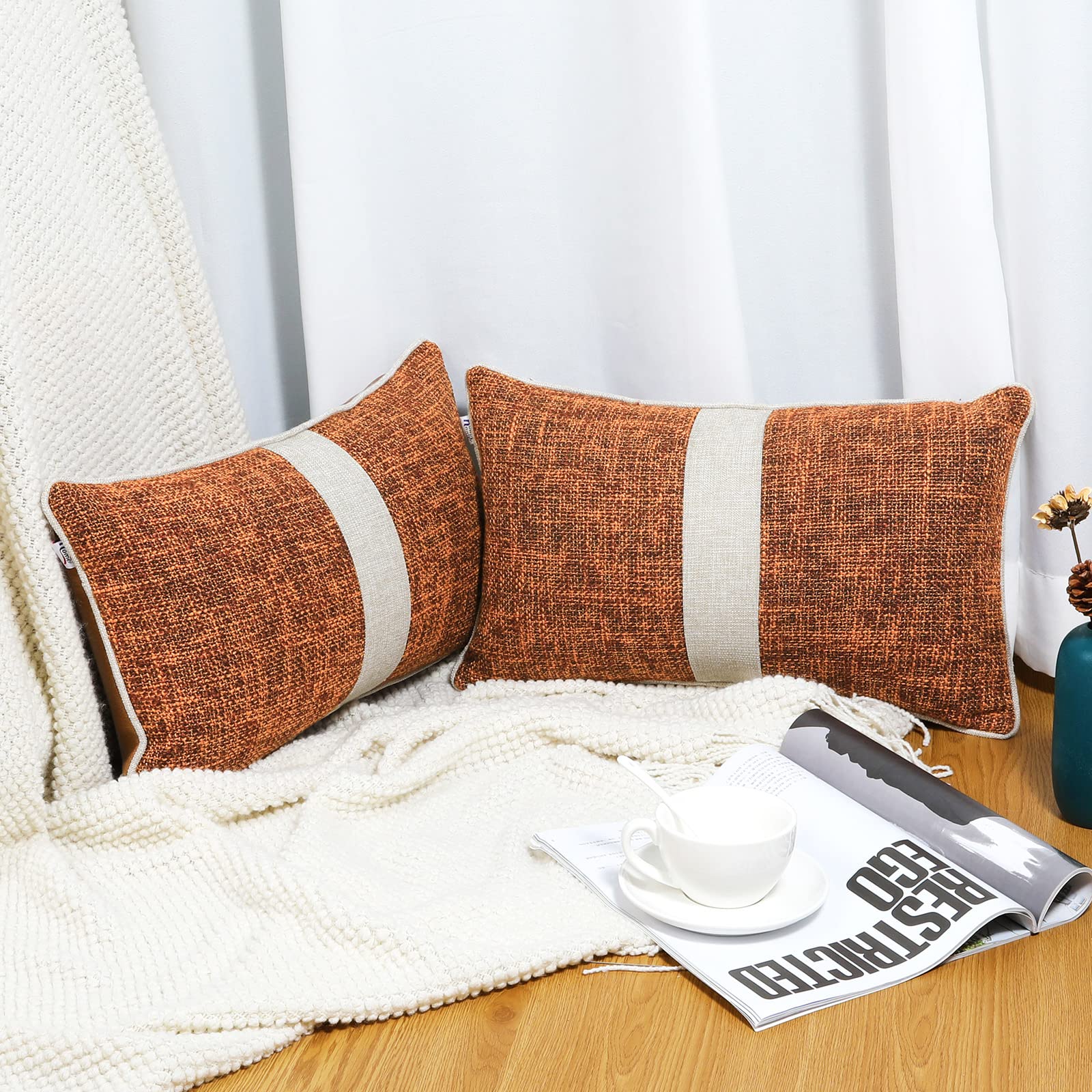 2 Pack 12x20 Inch Orange Linen & Brown Faux Leather Patchwork Lumbar Pillow Covers - Farmhouse Modern Decorative Throw Pillow Cases for Couch, Bed, Sofa, Chair - Perfect for Living Room, Bedroom & Home Decor
