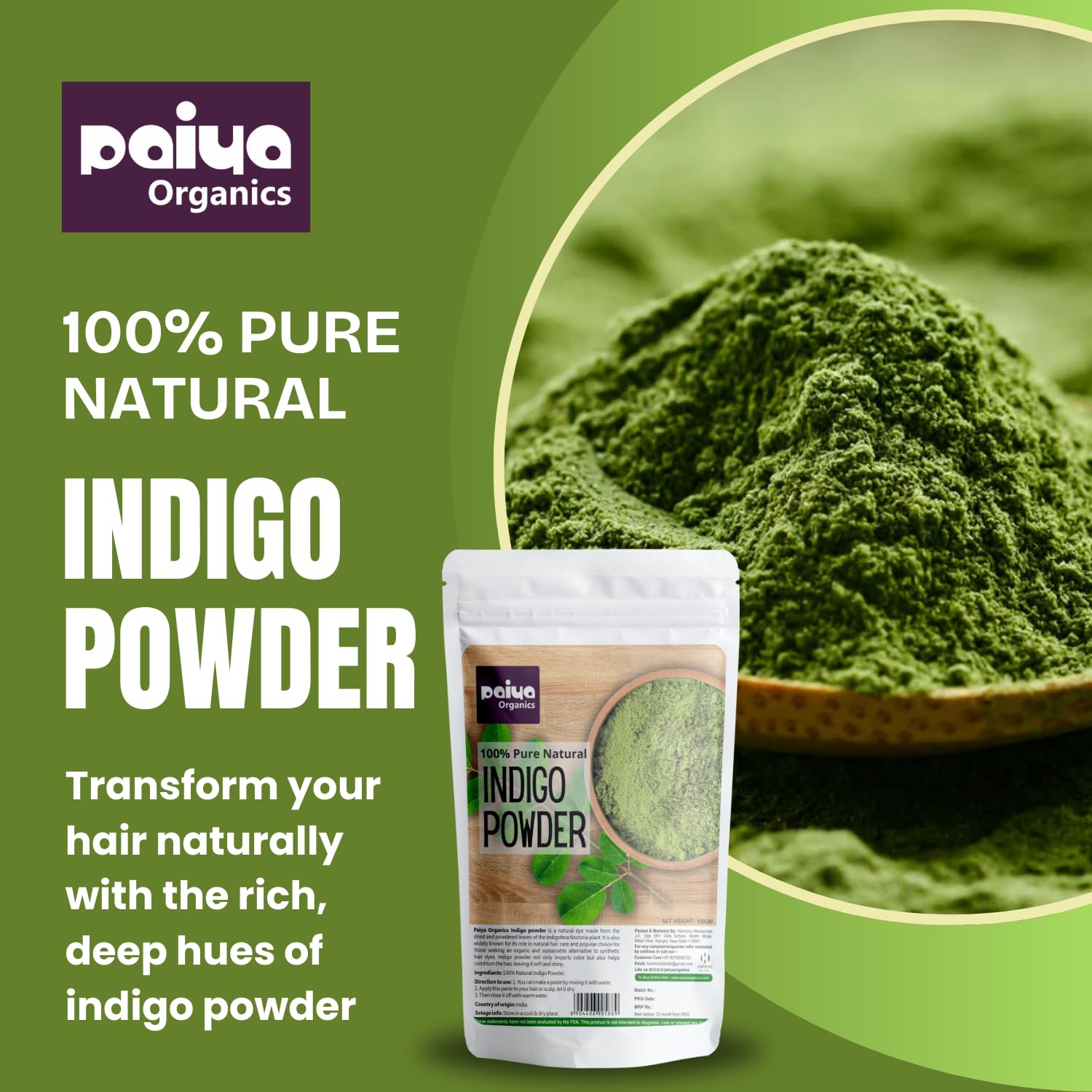 Organic Indigo Powder for Natural Black Hair Dye - 100g | Paiya Organics | Chemical-Free Herbal Hair Coloring for Gray Coverage & Healthy Hair | Perfect for DIY Hair Care & Natural Beauty Routines