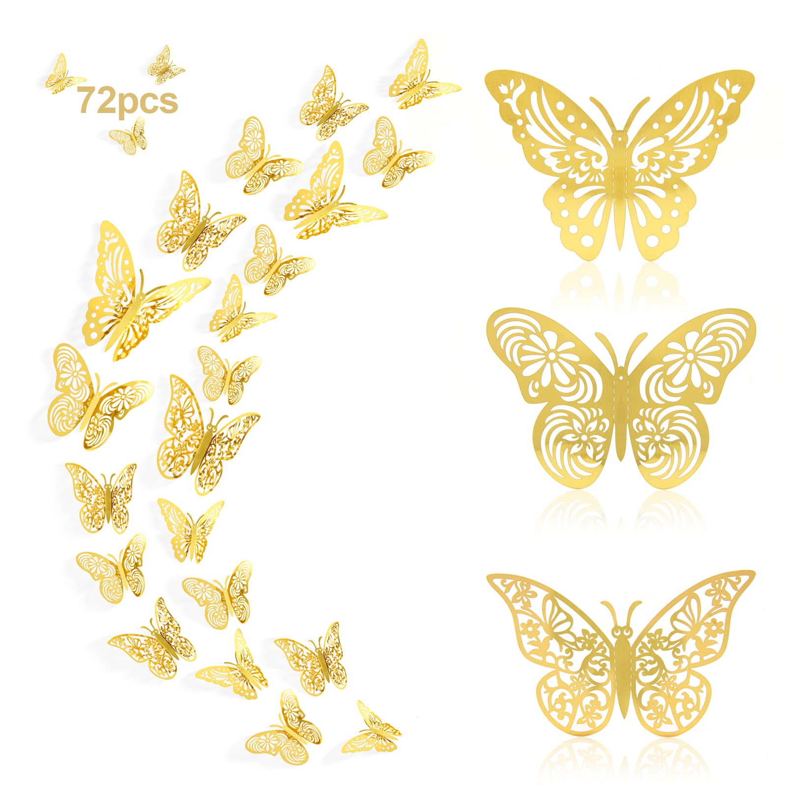 72Pcs 3D Butterfly Wall Stickers - Gold Metallic Home Decor for Bedroom, Party & Wedding | DIY Cake Decoration, Nursery Room Decor, Birthday & Festival Wall Art | Self-Adhesive Vinyl Butterflies in 3 Sizes & Styles
