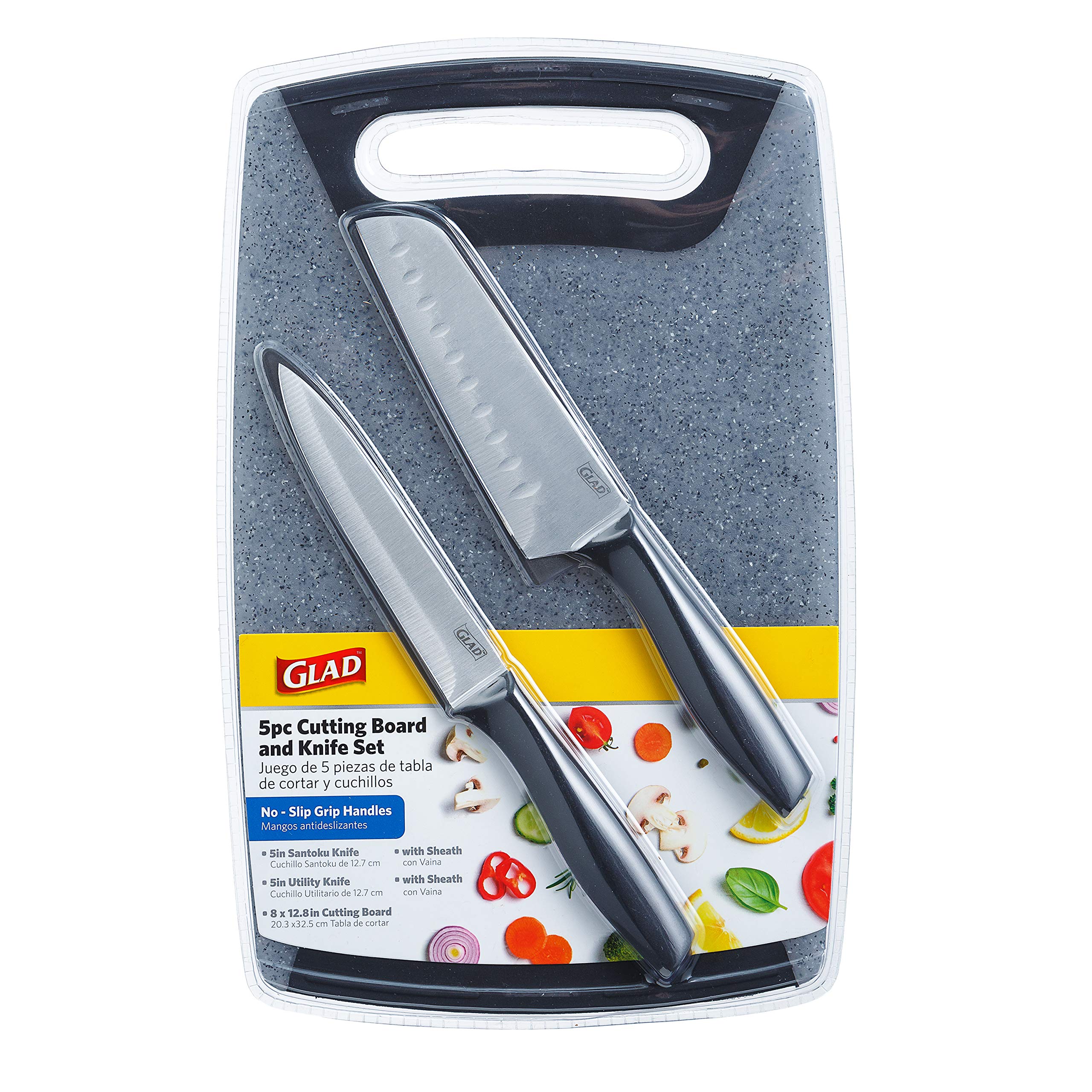 Premium 5-Piece Knife Set with Cutting Board - Includes Sharp Santoku & Utility Knives with Blade Covers & Durable Plastic Chopping Block - Perfect for Kitchen Cooking, Meal Prep & Food Chopping - Gray Color