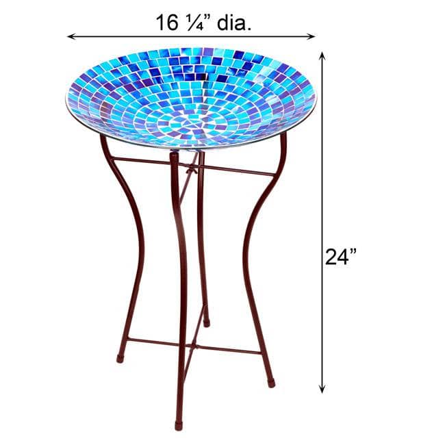 Blue Glass Mosaic Bird Bath with Rust-Resistant Steel Stand - Outdoor Garden Decor for Birds and Wildlife, Perfect for Backyard, Patio, and Garden Decorations