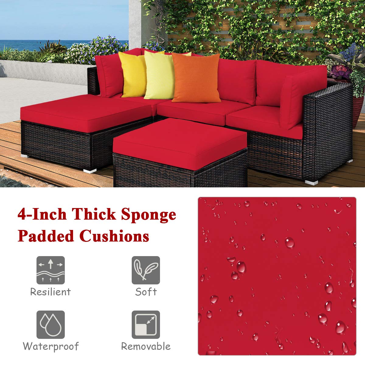 COSTWAY 5-Piece Outdoor Patio Furniture Set - PE Rattan Sectional Sofa with Cushions & 2 Ottomans, Waterproof Garden Conversation Set for Backyard, Deck, Balcony (Red) | Perfect for Outdoor Relaxation & Entertaining Guests