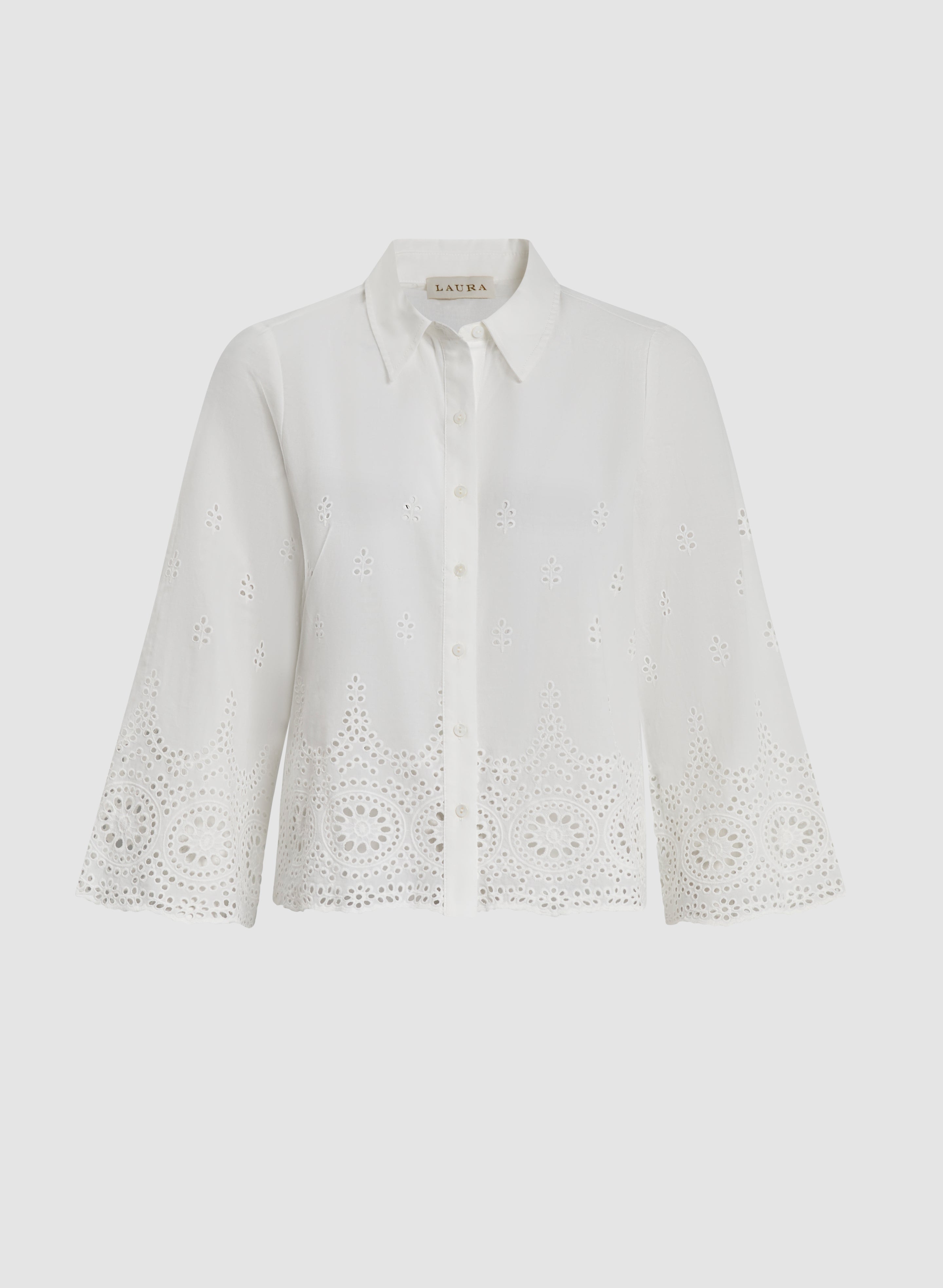 Elegant Eyelet Detail Button Down Blouse for Women - Stylish Office & Casual Wear - Perfect for Work, Dates & Summer Outfits