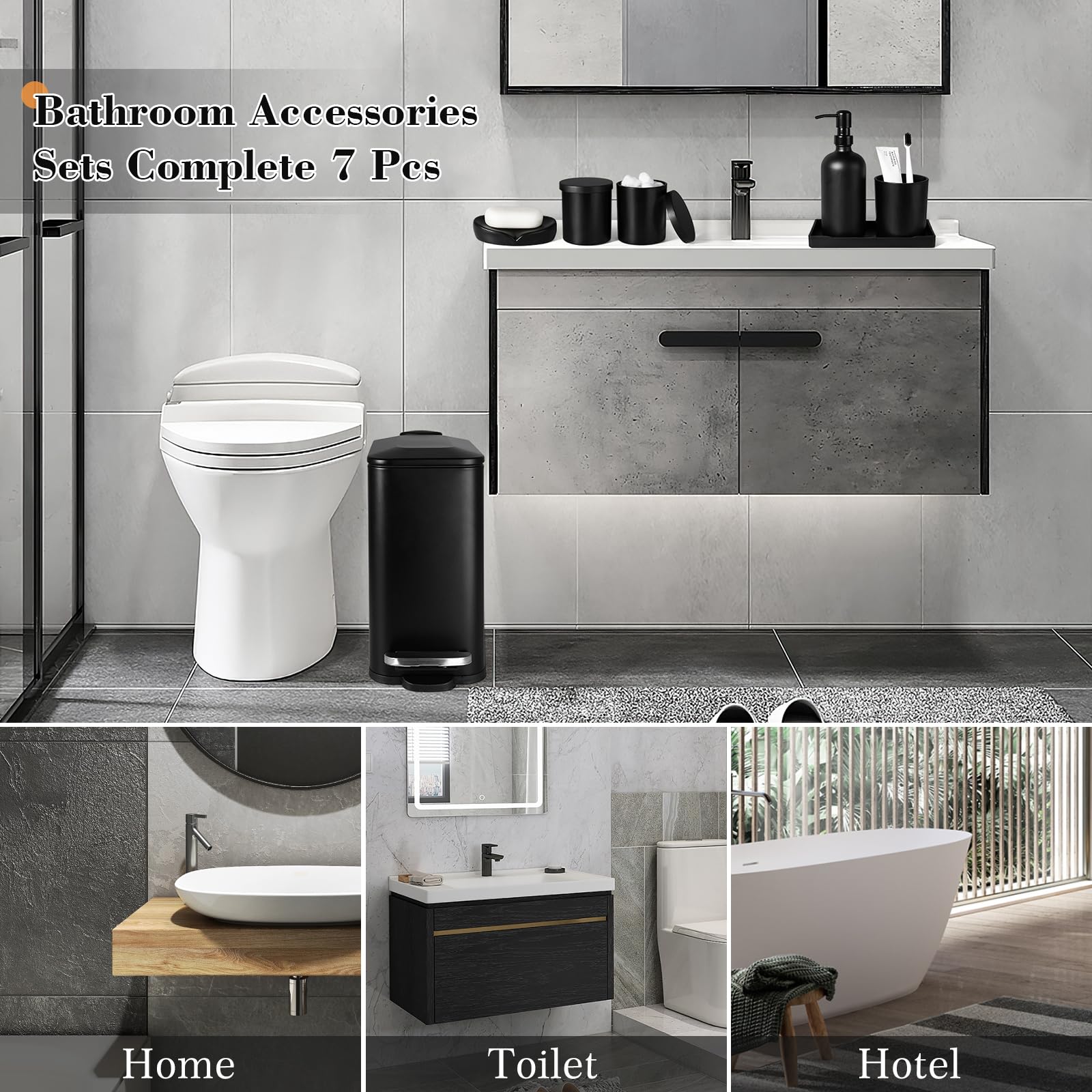 Premium 7-Piece Matte Black Bathroom Accessories Set - Includes Trash Can, Soap Dispenser, Toothbrush Holder, Soap Dish, Vanity Tray & Q-Tip Holder - Modern Bathroom Decor for Home, Hotel & Spa Use