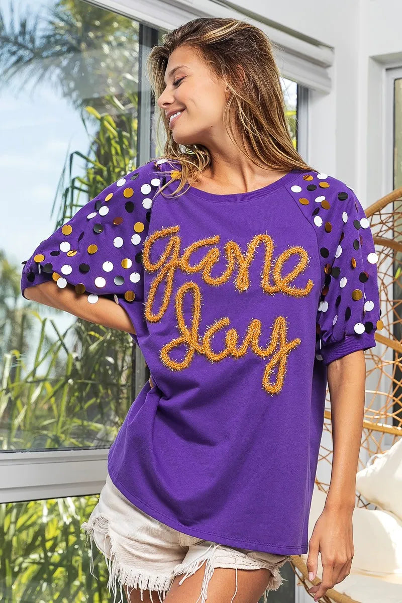 BiBi Game Day Metallic Letter Spangle Sleeve Top - Stylish Women's Party Blouse for Football Games, Concerts & Night Out