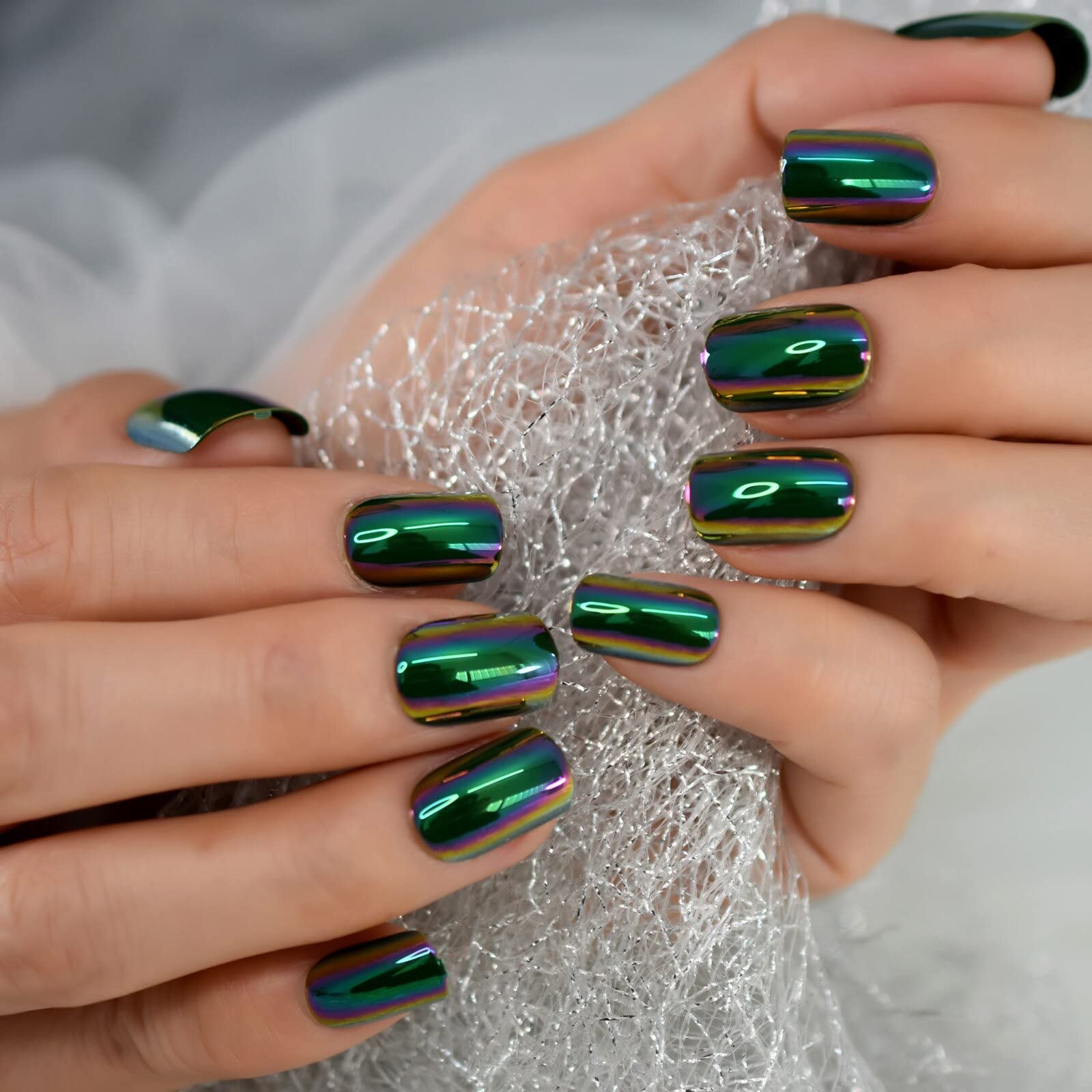 Reusable Green Square Short False Nails - Mirror Chrome & Holographic Magic Reflection Effect - Perfect for Parties, Cosplay, and Special Occasions