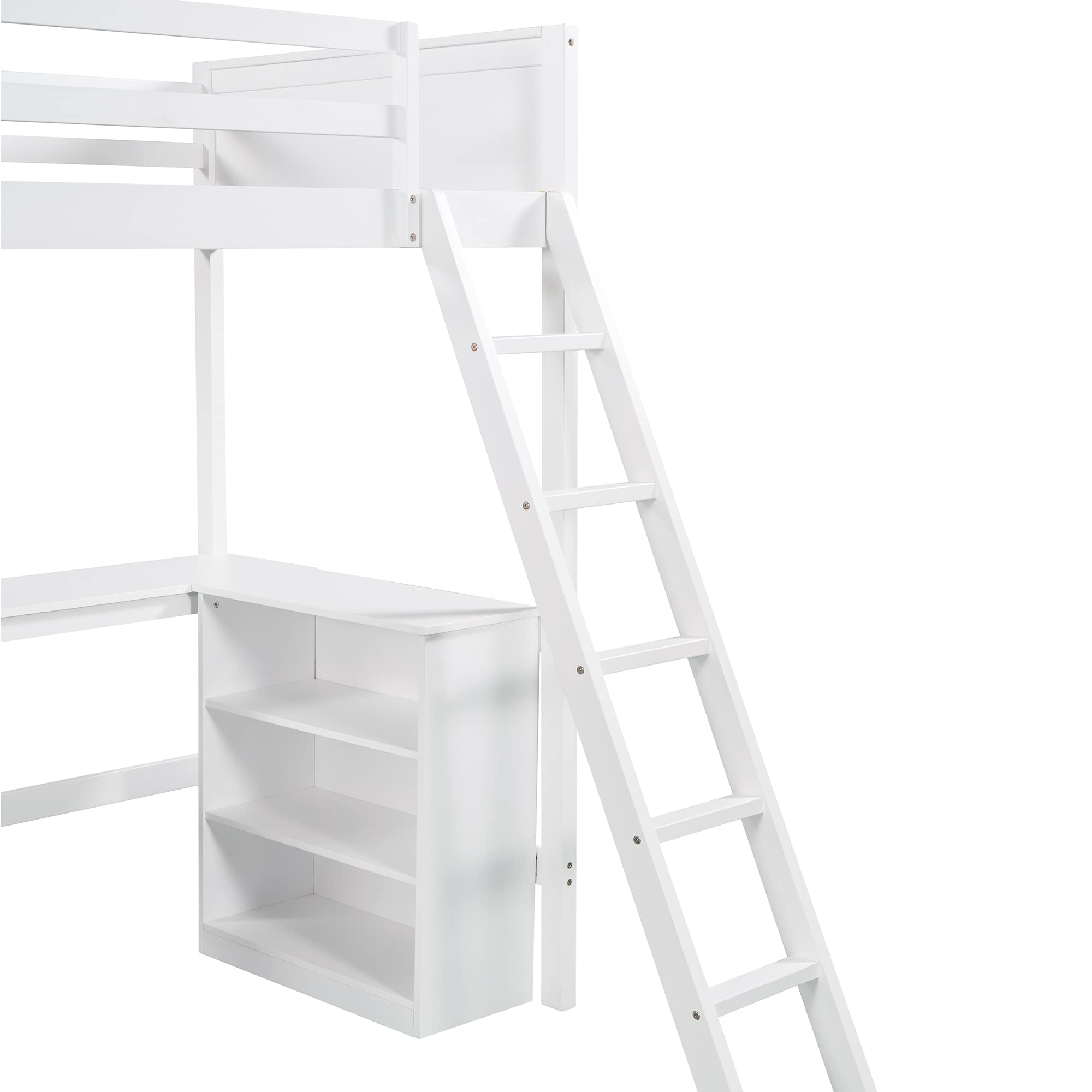 RUNNA Twin Size Loft Bed with Shelves & Desk - Solid Pine Wood High Loft Bed with Safety Guardrails & Angled Ladder - Modern Space-Saving Bed for Kids, Teens & Adults (White) - Perfect for Small Bedrooms, Dorms & Studio Apartments