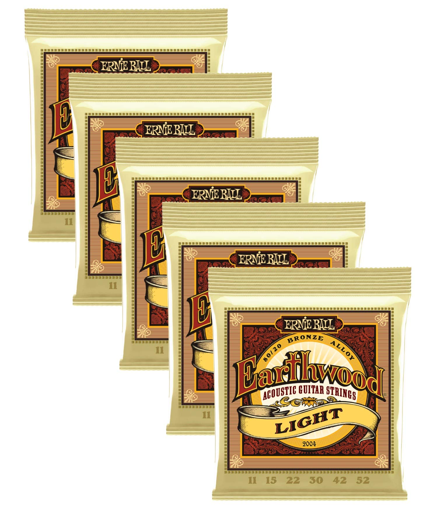 5-Pack Ernie Ball 2004 Earthwood 80/20 Bronze Light Acoustic Guitar Strings (11-52) - Perfect for Folk, Country & Fingerstyle Playing