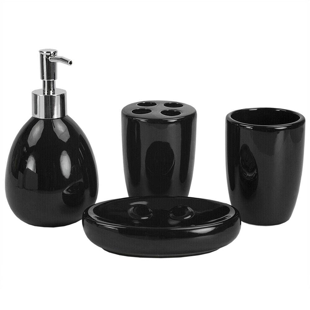 UPN 4-Piece Black Bathroom Accessory Set - Includes Soap Dispenser, Toothbrush Holder, Tumbler & Tray - Modern Bathroom Decor for Home, Hotel & Restroom Decor