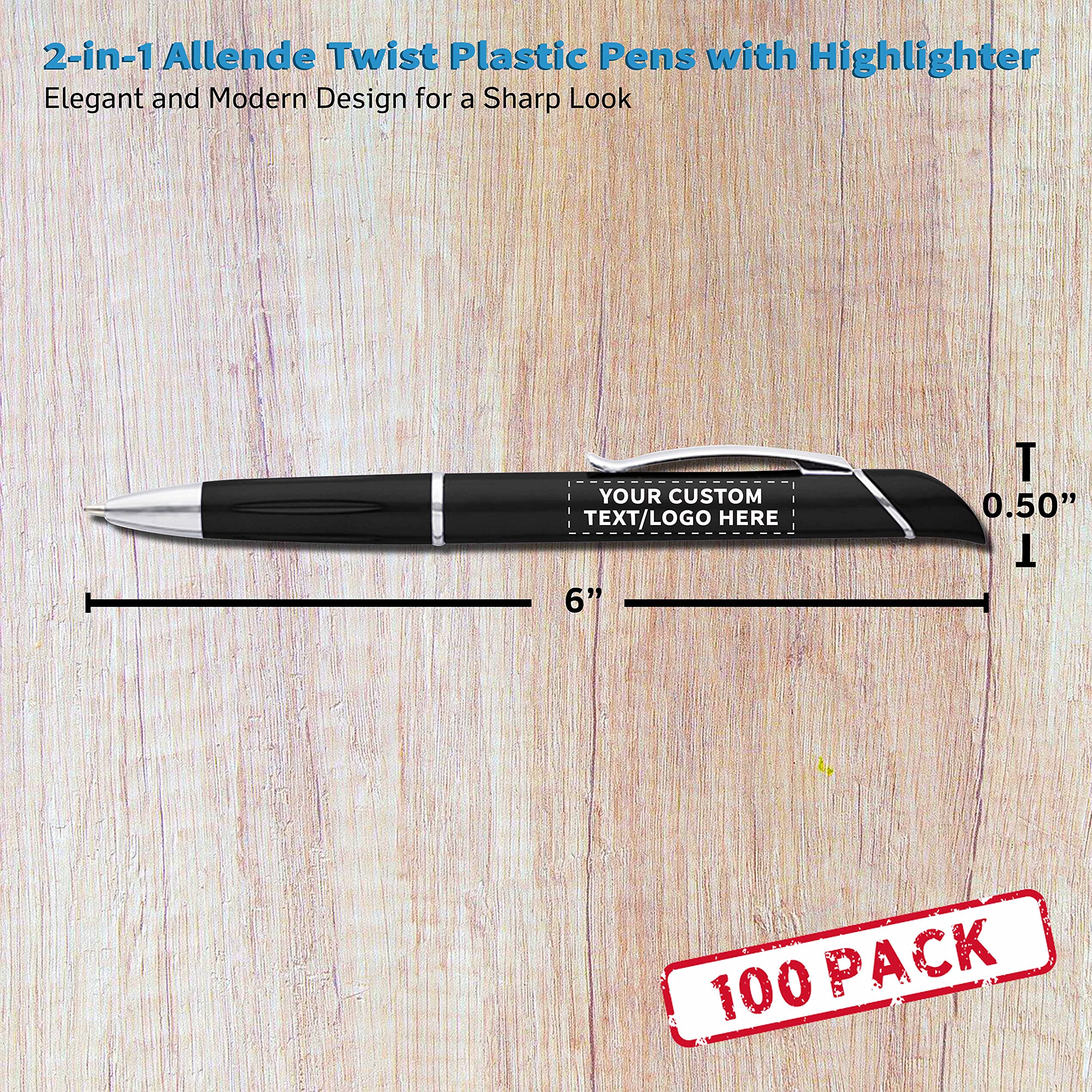 100 Pack Allende Twist Plastic Pens with Highlighter - Custom Text & Logo Printing - Durable Black Ink Ballpoint Pens for Office, School & Business Promotions - Bulk Promotional Pens for Corporate Gifts & Events