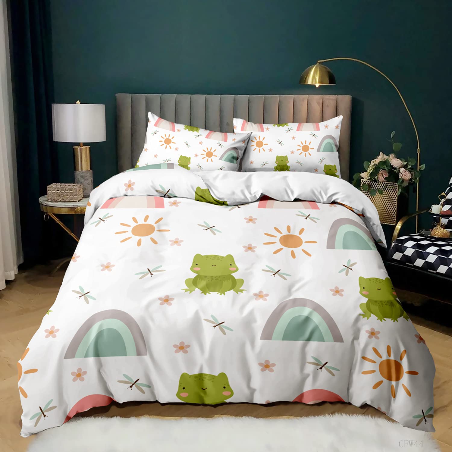 Cartoon Frog Pattern Kids Comforter Cover Set - Soft Luxury Microfiber Twin Duvet Cover (68x86 inches) with 2 Pillowcases for Boys & Girls Bedroom | Green Frog Themed Bedding Set for Kids & Teens | Perfect for Nursery Decor, Birthday Gifts & Animal-Themed Bedrooms