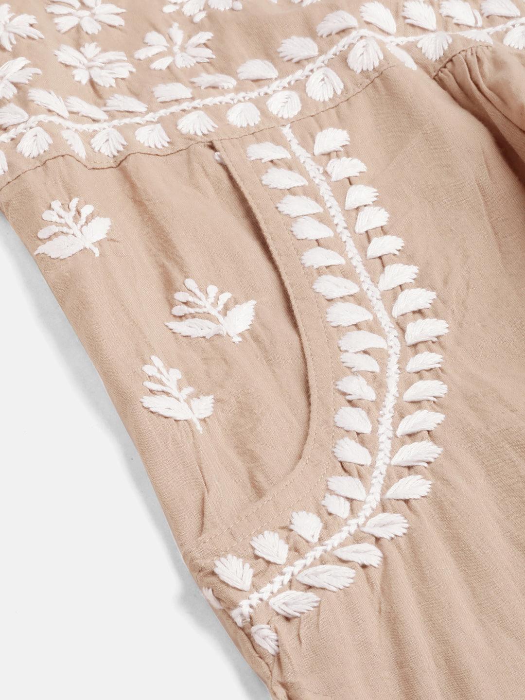 Asmita Women's HOK Chikankari Embroidered Kurti in Beige - Elegant Traditional Indian Tunic for Casual Wear & Festive Occasions