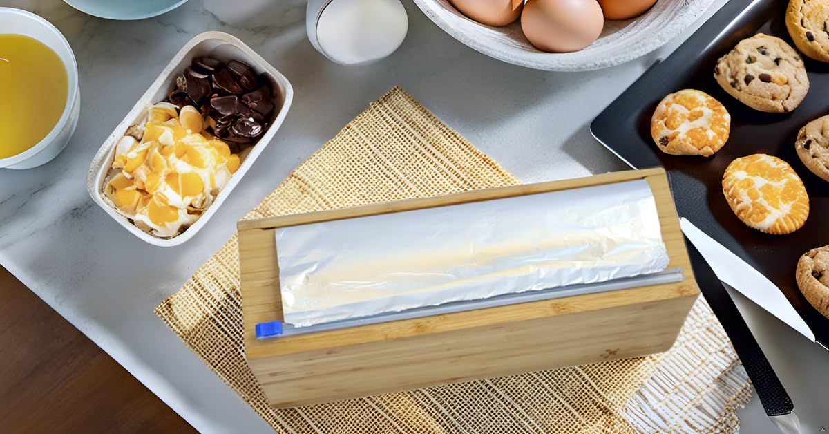 Bamboo Vacuum Sealer Bag Roll Dispenser with Slide Cutter - Reusable Food Saver Bag Holder for 50 ft Rolls, Fits 12
