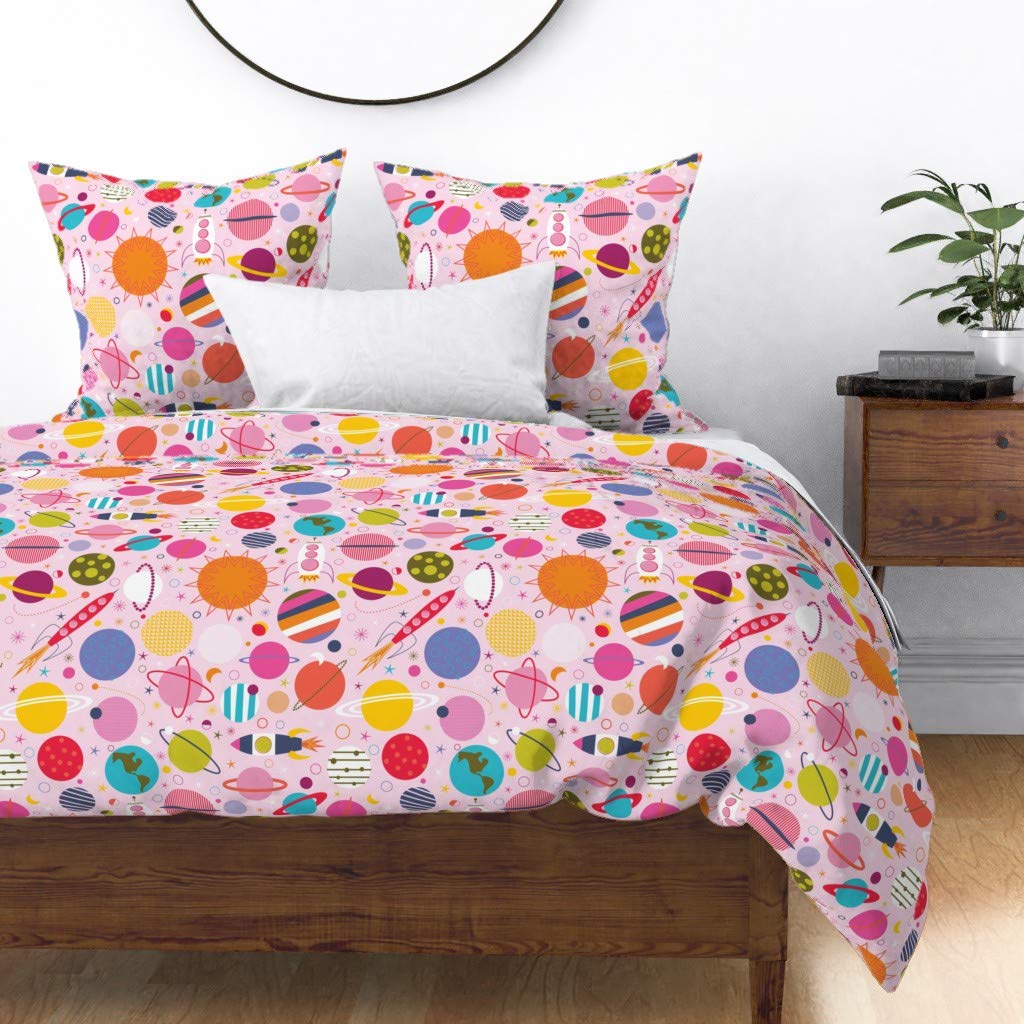 Rocket Science Girl Pink Solar System Duvet Cover - Full/Queen Size Cotton Sateen Bedding Set with Astronomy Planet Print | Perfect for Kids' Room, Nursery Decor & Space-Themed Bedrooms