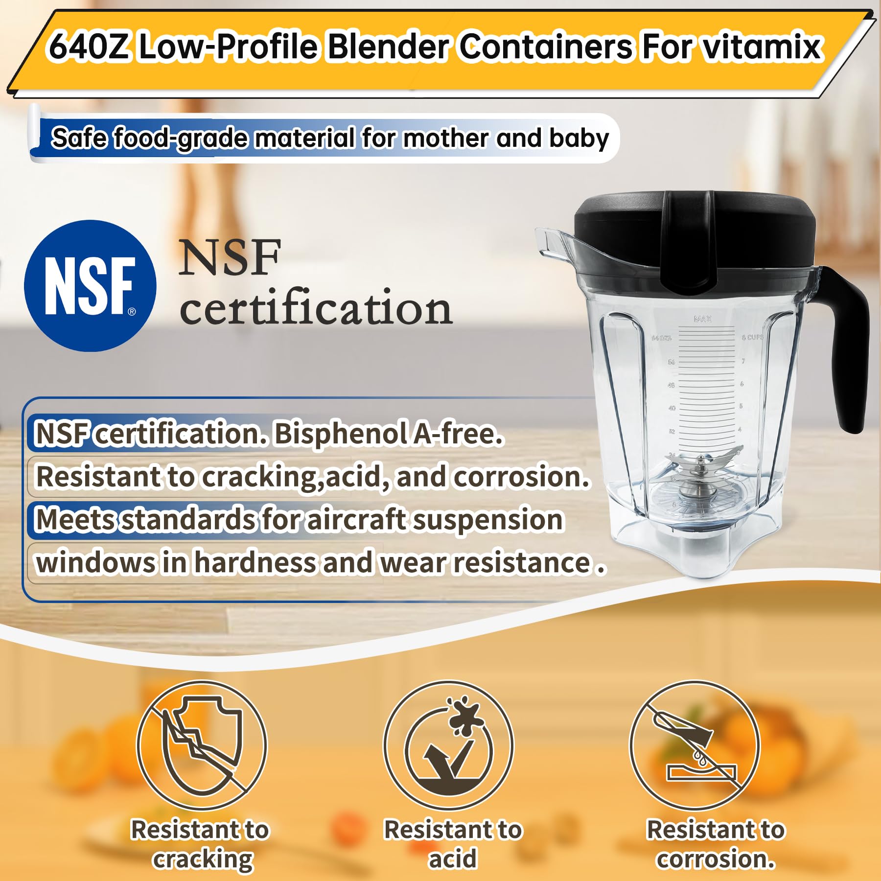 Vitamix 64oz Low-Profile Blender Pitcher Replacement - Compatible with Vitamix 750, 780, 5000, 5200, 6300, 7500, E320, Classic & Explorian Series (VM0101/VM0102/VM0103/VM0109) - 3-Year Warranty - Perfect for Smoothies, Soups & Nut Butters
