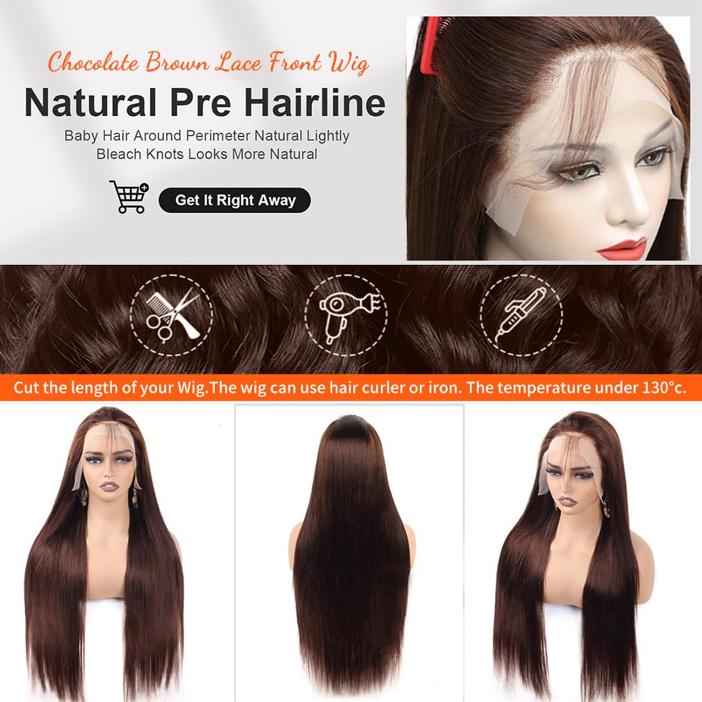 32 Inch Chocolate Brown Lace Front Wigs Human Hair 200% Density 13x6 HD Straight Pre Plucked 4# Frontal Wigs for Women - Natural Look for Daily Wear, Cosplay & Special Occasions