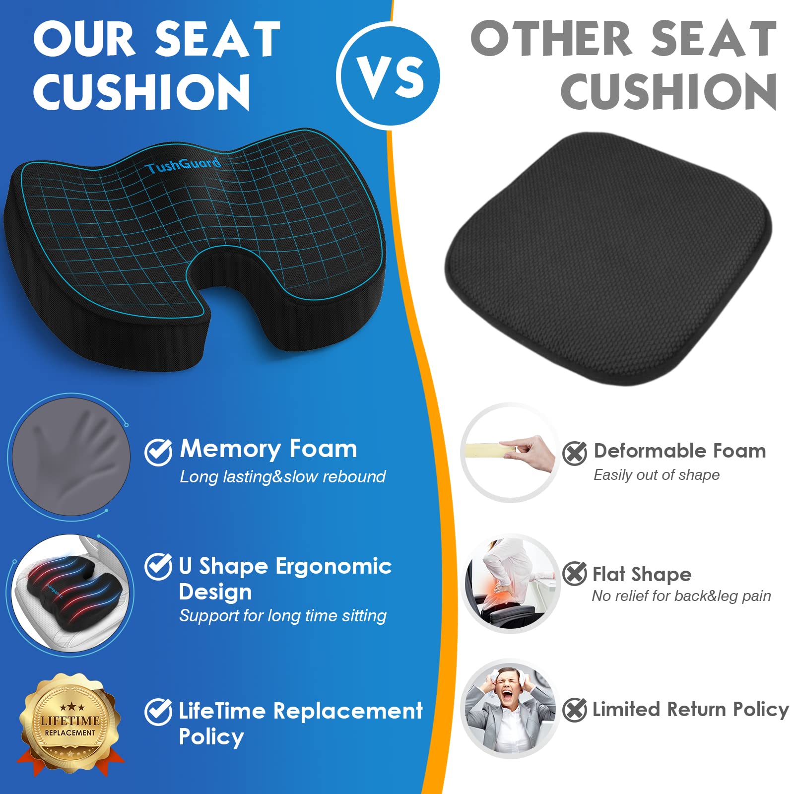 Premium Memory Foam Seat Cushion for Office Chair - Non-Slip Orthopedic Support for Coccyx, Sciatica & Tailbone Pain Relief - Ideal for Desk Work, Car, Wheelchair (Black) - Perfect for Long Sitting & Back Comfort