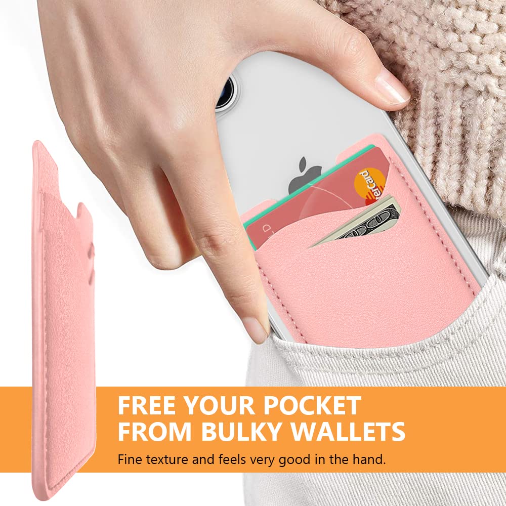Premium Leather Phone Card Holder - Sticky Back Wallet for iPhone & Samsung - Stretchy Credit Card Holder for Phone Case - 2 Pack Pink - Perfect for Travel, Shopping & Daily Use
