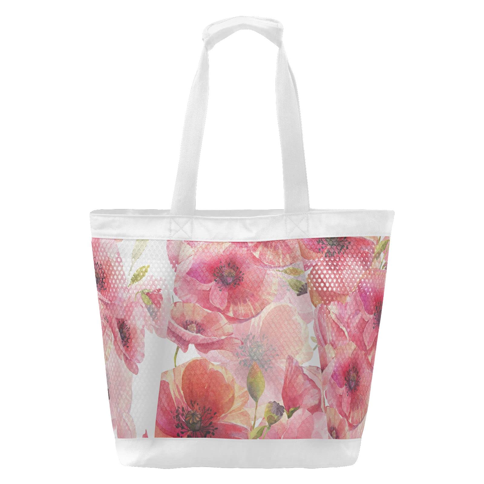 J JOYSAY Poppy Watercolor Mesh Beach Tote Bag - Large Waterproof & Sandproof Women's Travel Tote for Beach, Pool, Vacation & Summer Outings