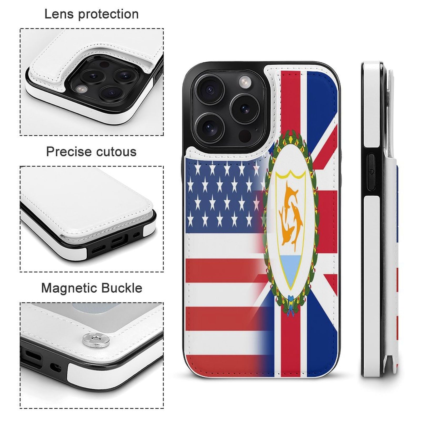 American & Anguilla Flag Print Flip Phone Case for iPhone 15 Plus/Pro/Pro Max (6.1-6.7 Inch) - Patriotic Protective Cover for Travel, Gifts & Everyday Use