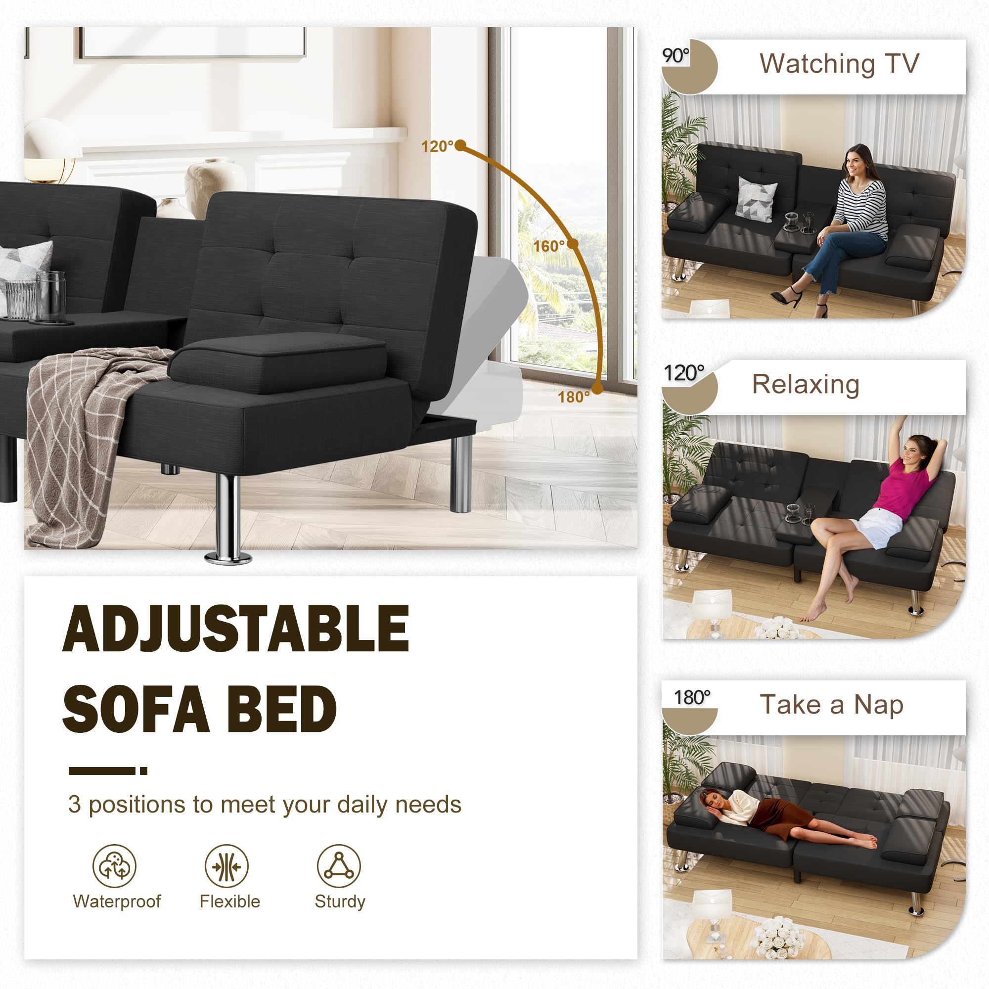 Modern Linen Upholstered Convertible Folding Futon Sofa Bed with Removable Armrests & 2 Cup Holders - Sturdy Metal Legs - Space-Saving Black Sleeper Sofa for Small Apartments, Guest Rooms & Studio Living Spaces