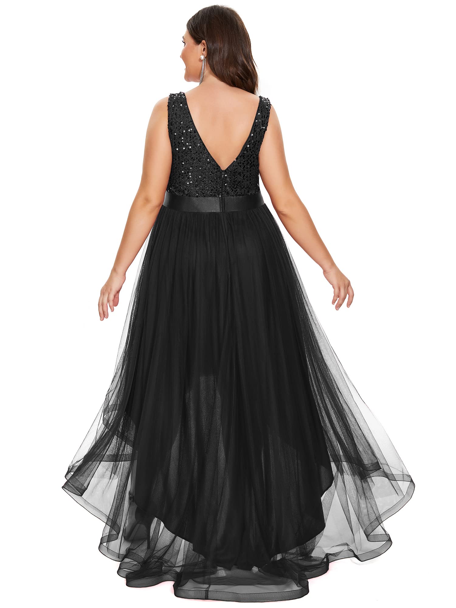Ever-Pretty Women's Plus Size Double V-Neck A-Line High-Low Sequin Tulle Formal Dress for Curvy Women 0147A-DA | Elegant Evening Gown for Prom, Wedding Guest, Cocktail Party & Special Occasions