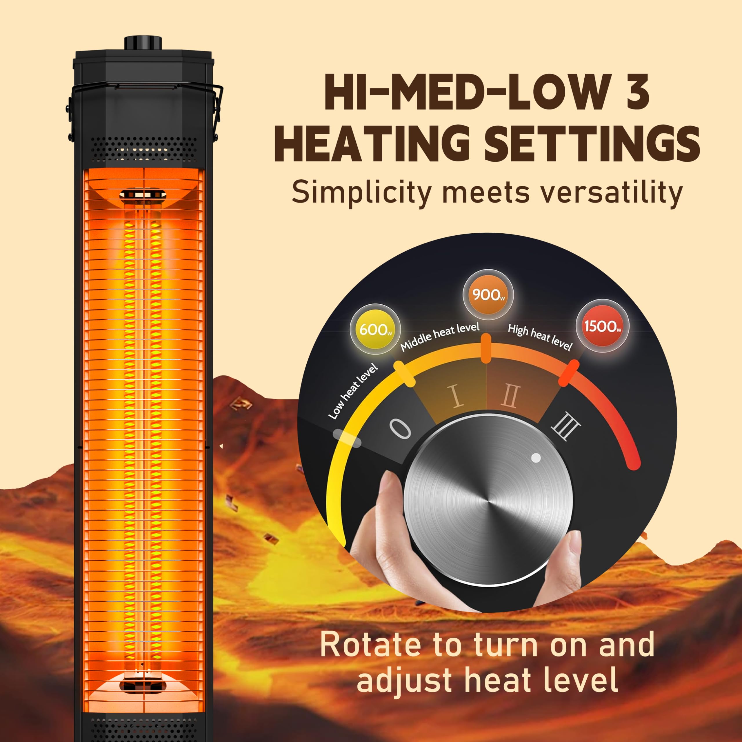 Haimmy 34-inch Outdoor Electric Patio Heater - 1500W Instant Heating with 3 Adjustable Heat Levels, Tip-Over & Overheat Protection, IPX5 Waterproof - Perfect for Backyard, Deck, Garden, and Outdoor Dining Areas