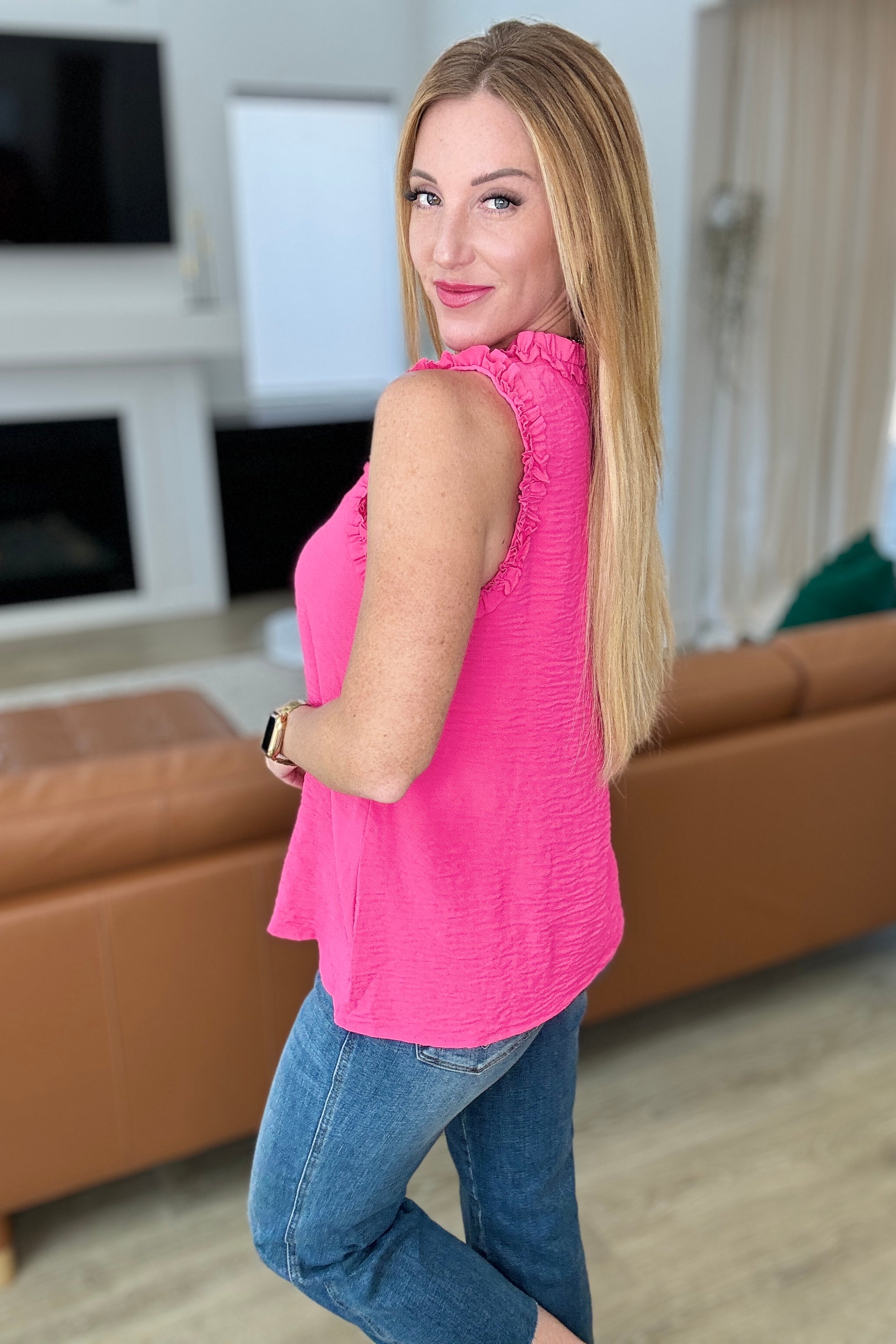 Flourish and Flare Ruffle Detail Tank Top for Women - Stylish Summer Blouse with Feminine Ruffles | Perfect for Beach, Date Night & Casual Outings