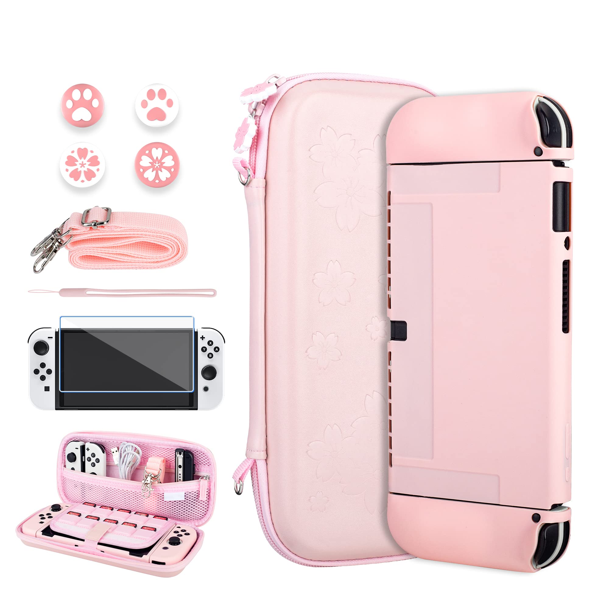 Premium Pink Nintendo Switch OLED Carrying Case with Sakura Embroidery - Portable Hard Shell Protection Includes Soft Case, Screen Protector, 4 Thumb Grips, Wrist Strap & Shoulder Strap - Perfect for Travel, Commuting & Gaming On-The-Go
