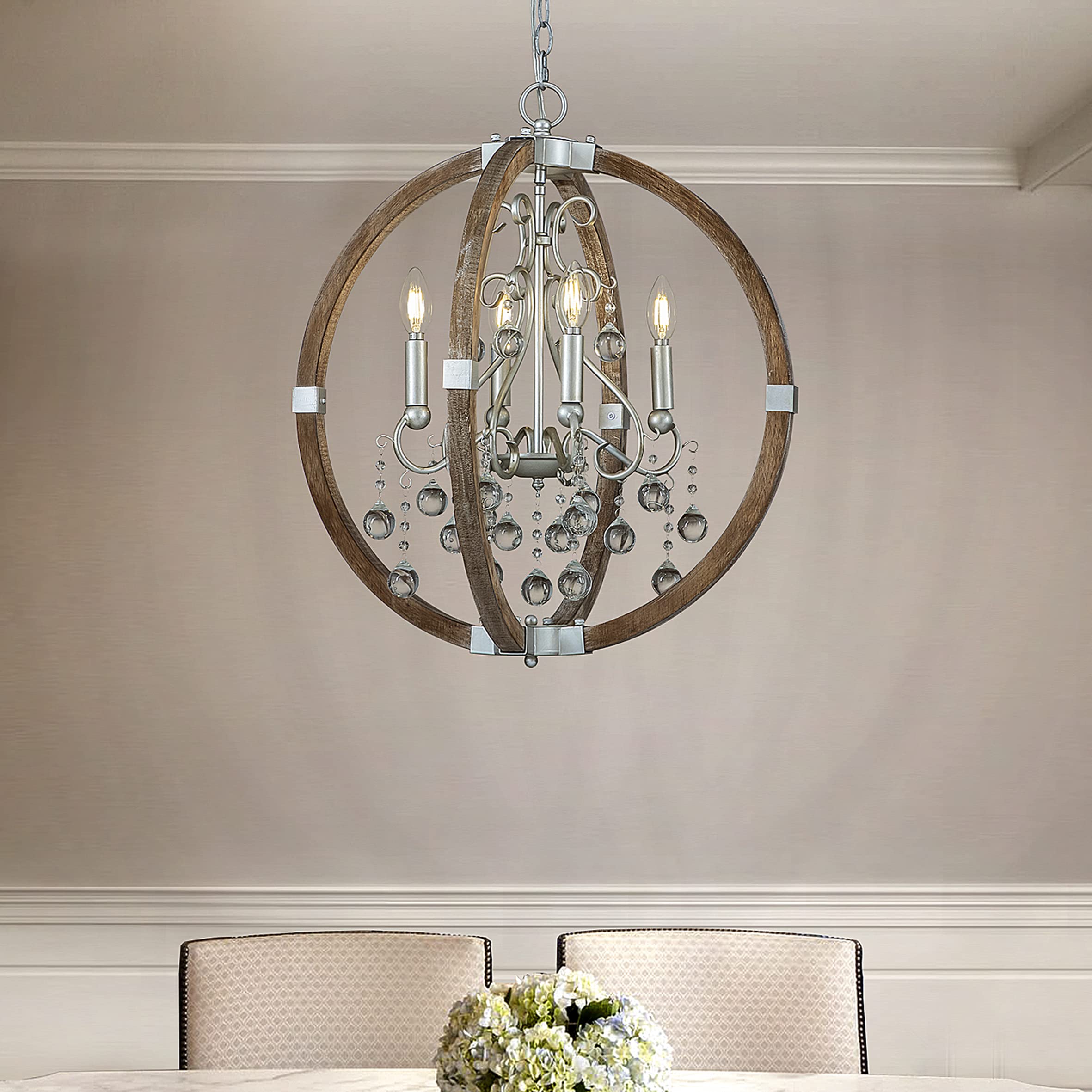 4-Light Farmhouse Wood Chandelier with Crystal Beads - 22.4