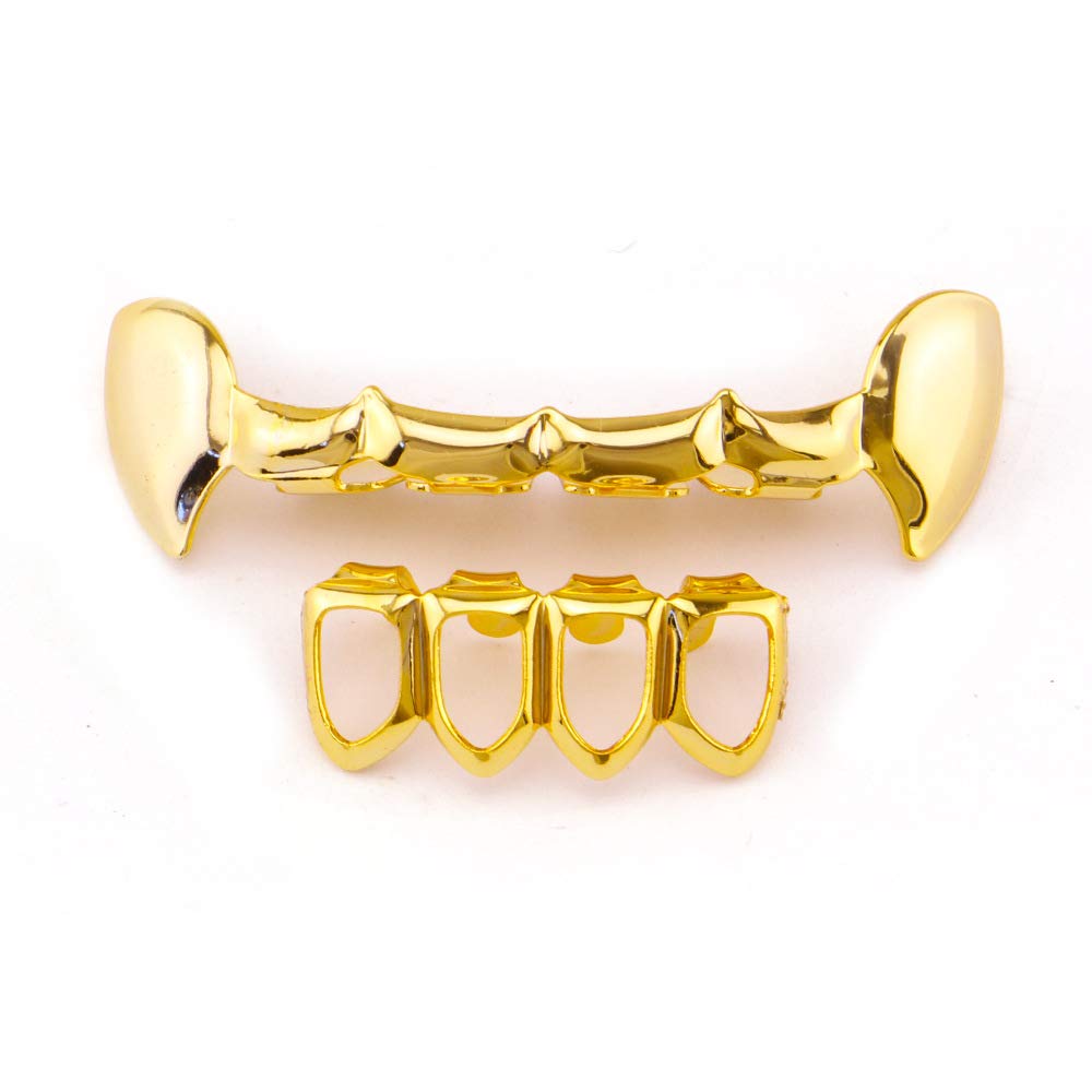18K Gold Plated Vampire Fang Grillz - Top & Bottom Hip Hop Teeth Caps for Men & Women | Perfect for Halloween, Cosplay, and Hip Hop Fashion
