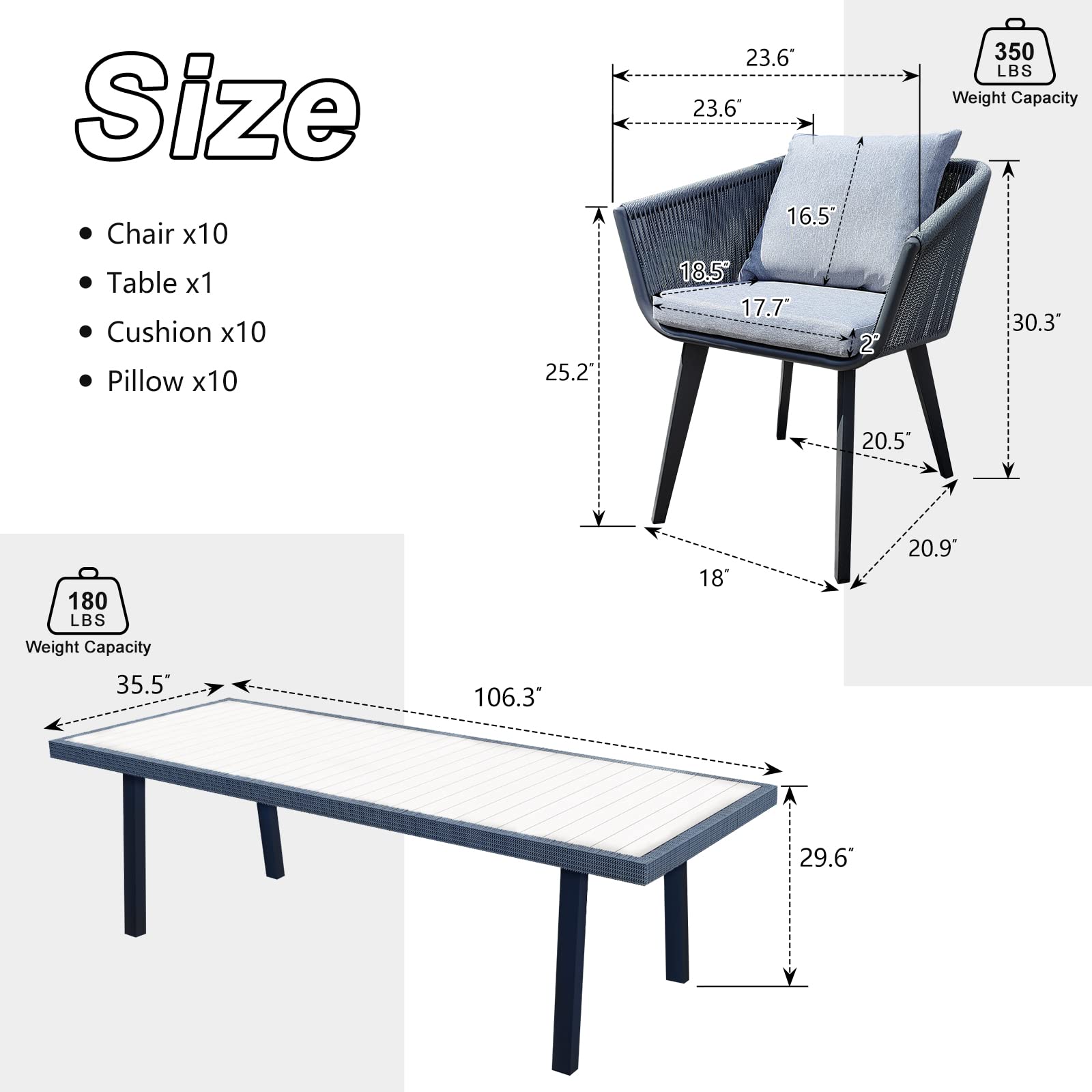 11-Piece Patio Dining Set - All-in-One Wicker Furniture with Cushions, 10 Aluminum Frame Chairs & Rectangle Table in Light Gray - Perfect for Outdoor Entertaining, Backyard BBQs, and Poolside Gatherings
