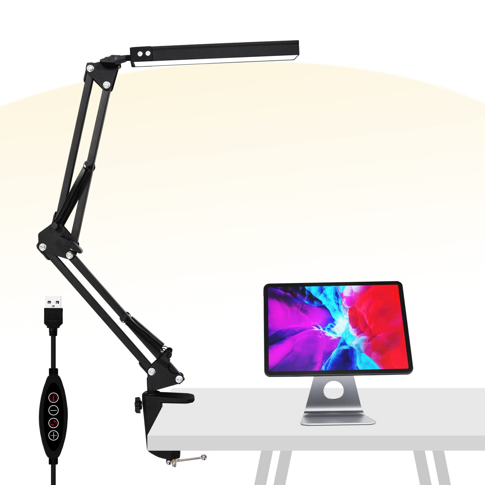 LED Desk Lamp with Clip - 10 Brightness Levels & Adjustable Swing Arm for Home Office, Reading, Studio - Black Workspace Lighting for Computer Desks, Study Rooms & Craft Tables