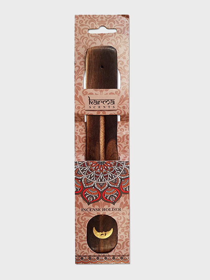 Namaste Karma Scents Brass Inlay Mango Wood Incense Ash Catcher Holder - Moon Design for Meditation, Yoga & Home Decor