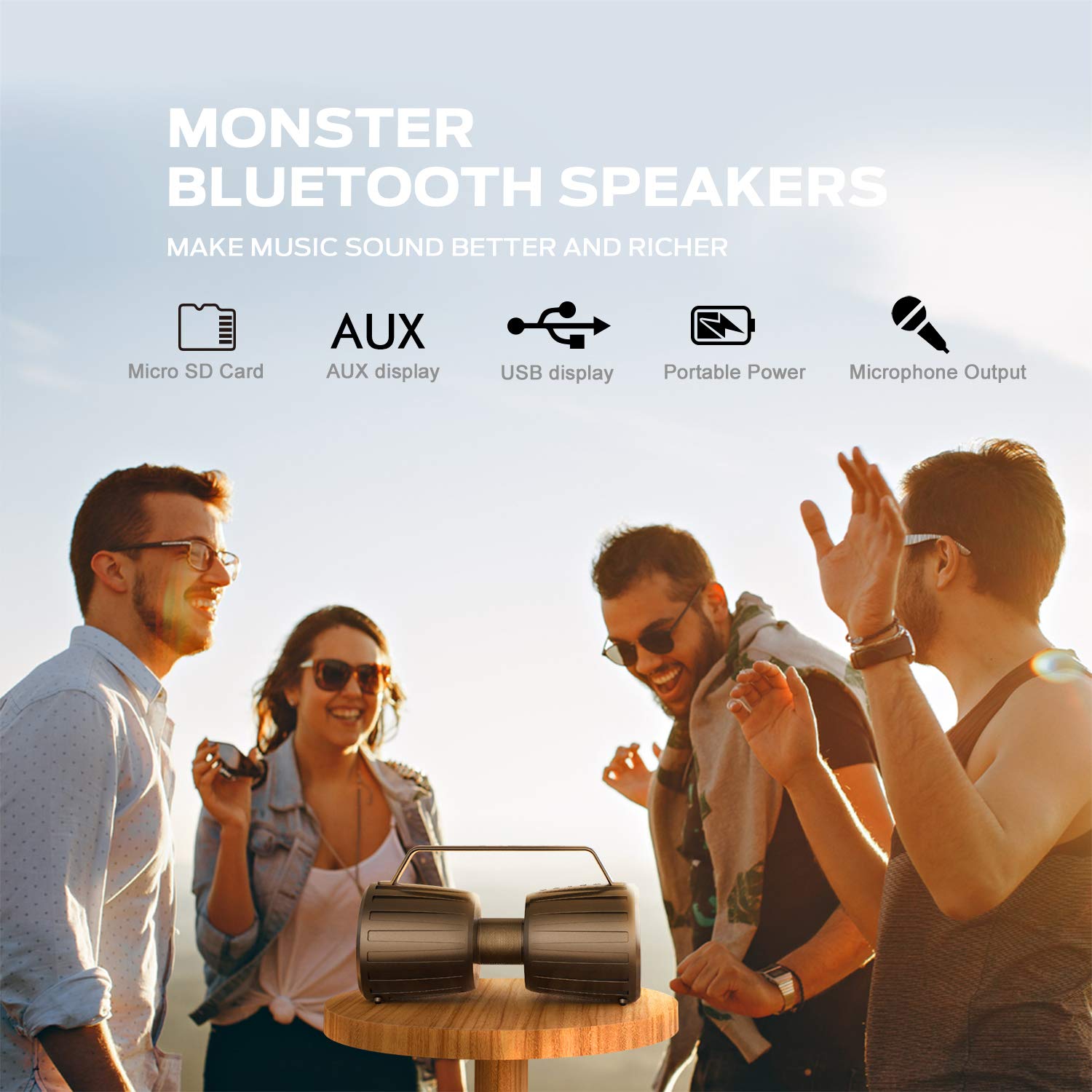Monster Adventurer Force IPX7 Waterproof Bluetooth Speaker 5.0 - 80W Portable Wireless Speaker with Microphone for Karaoke, 40H Playtime, Bass Boost - Perfect for Outdoor Adventures, Beach Parties & Indoor Gatherings (Black)