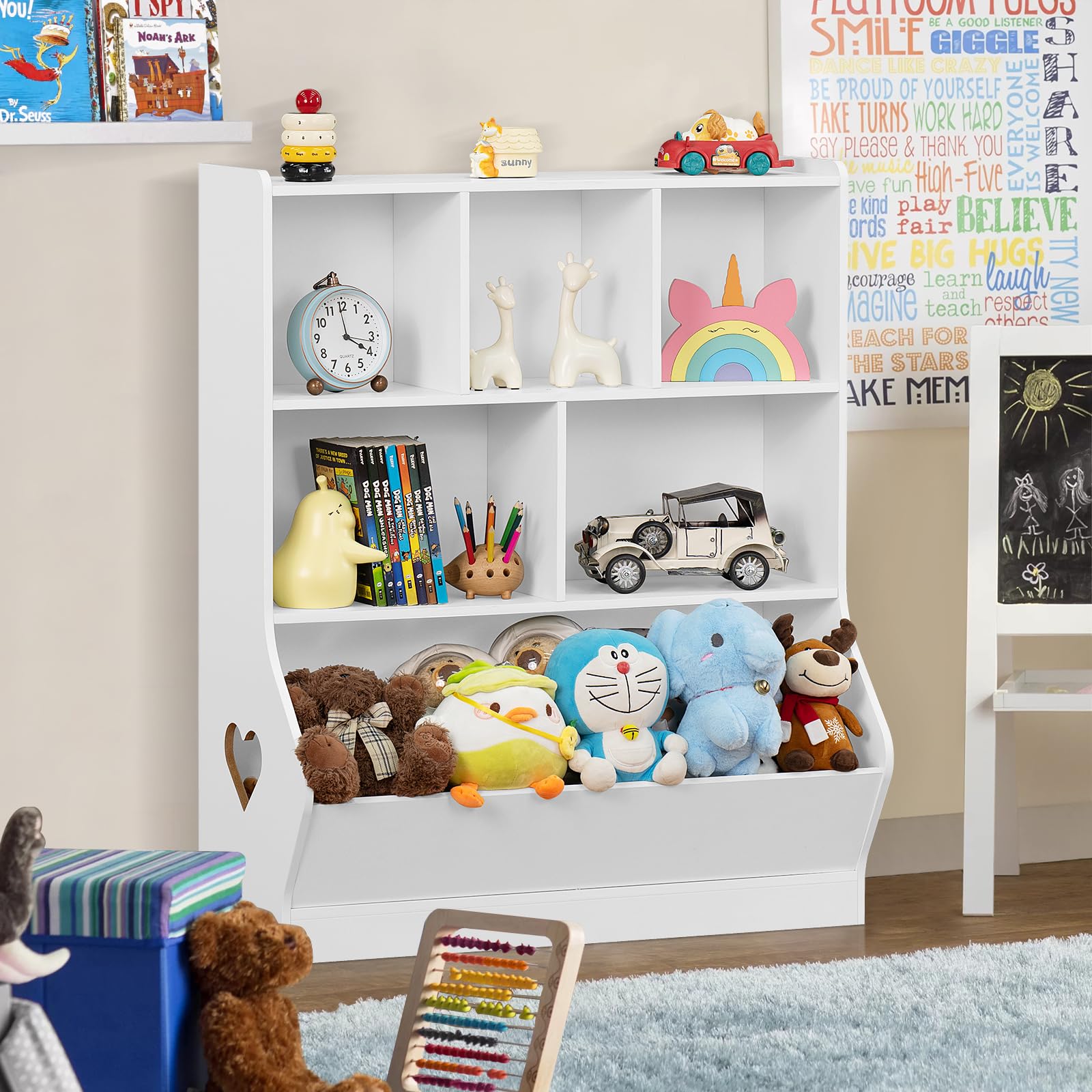 Lerliuo 3-Tier Kids Toy Storage Organizer & Bookshelf - 7-Cubby Toy Cabinet for Playroom, Bedroom, Nursery - White Children's Bookcase (29.53