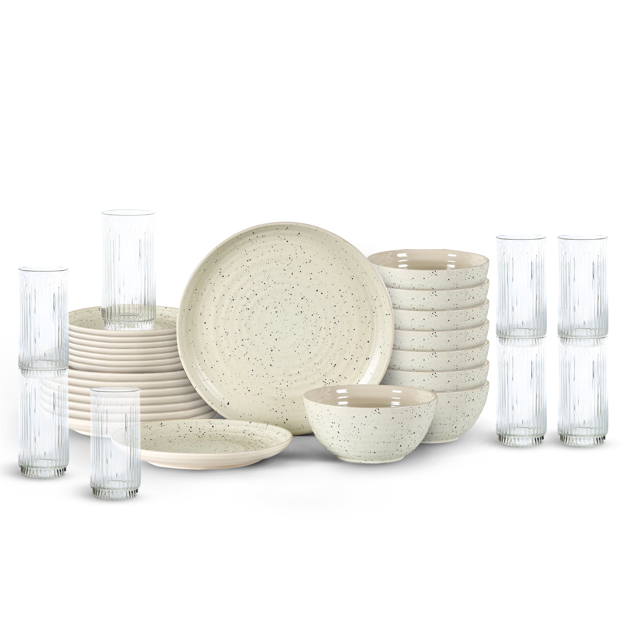 16-Piece Stone Lain Dua Stoneware Dinnerware Set with Glassware - Elegant White Porcelain Tableware for Everyday Dining & Entertaining
