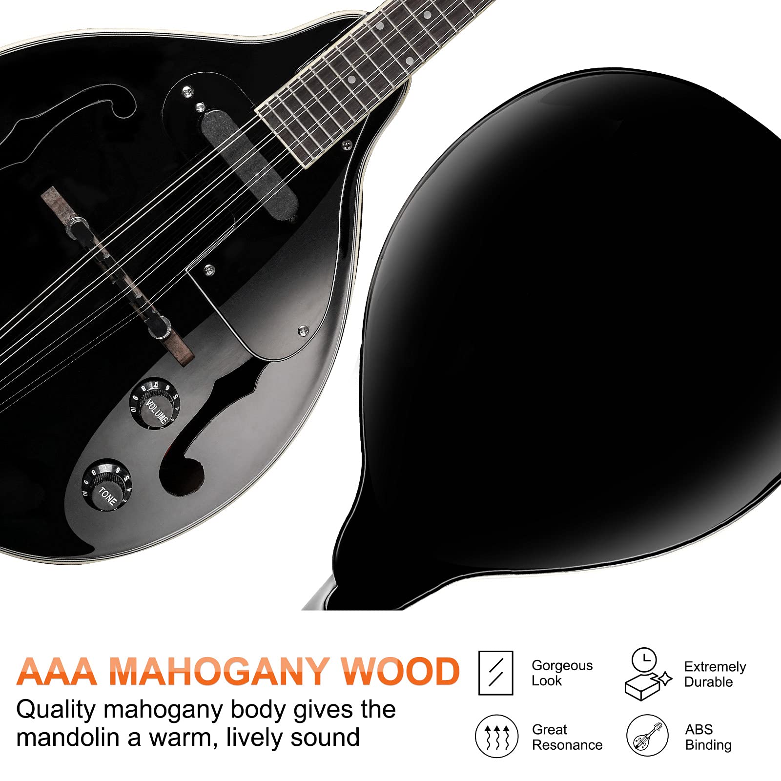 Vangoa A-Style Mahogany Acoustic-Electric Mandolin for Beginners - Professional Quality Musical Instrument for Adults, Teens & Kids (Black) | Perfect for Bluegrass, Folk Music & Live Performances