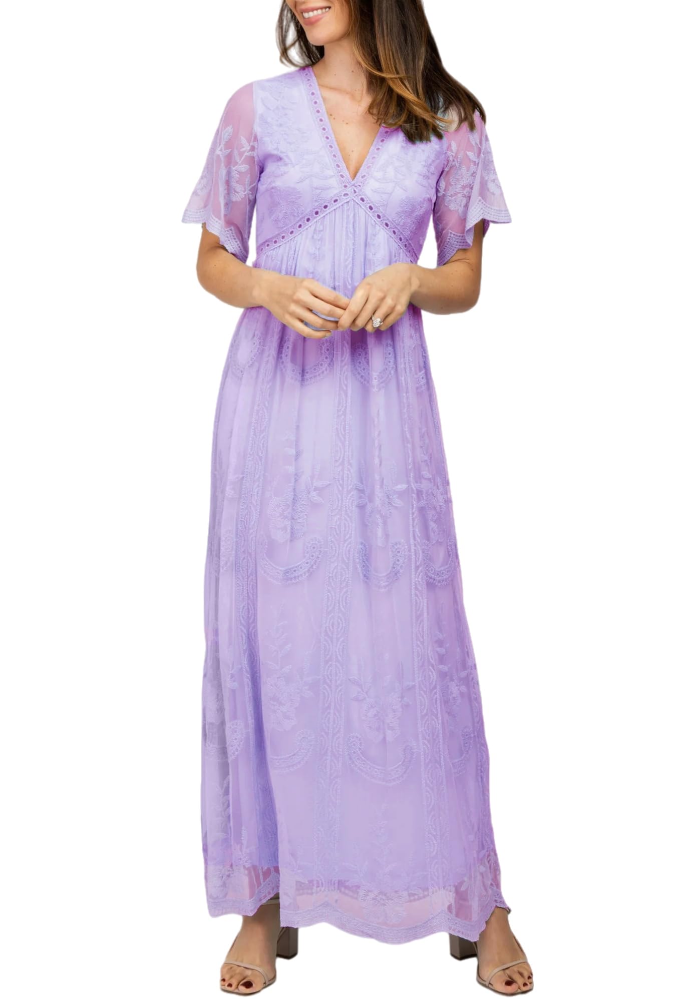 Elegant Embroidered Lace Maternity Dress for Women - V-Neck Long Maxi Gown for Baby Shower, Wedding & Photoshoot (Lavender) | Perfect for Maternity Photos, Bridal Events & Special Occasions