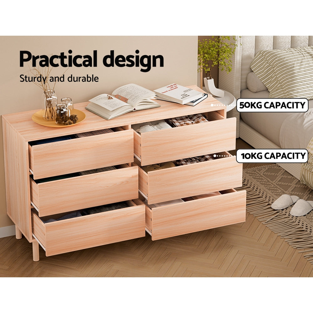 6-Drawer Lowboy Dresser - Solid Pine Wood Storage Cabinet for Bedroom, Living Room, or Office Organization