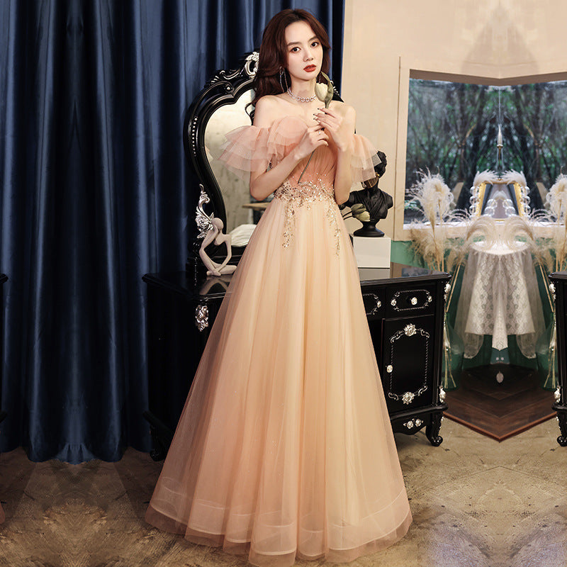 Elegant Off Shoulder Pink Tulle Prom Dress with Beaded Details - Perfect for Evening Parties, Homecoming, and Formal Events