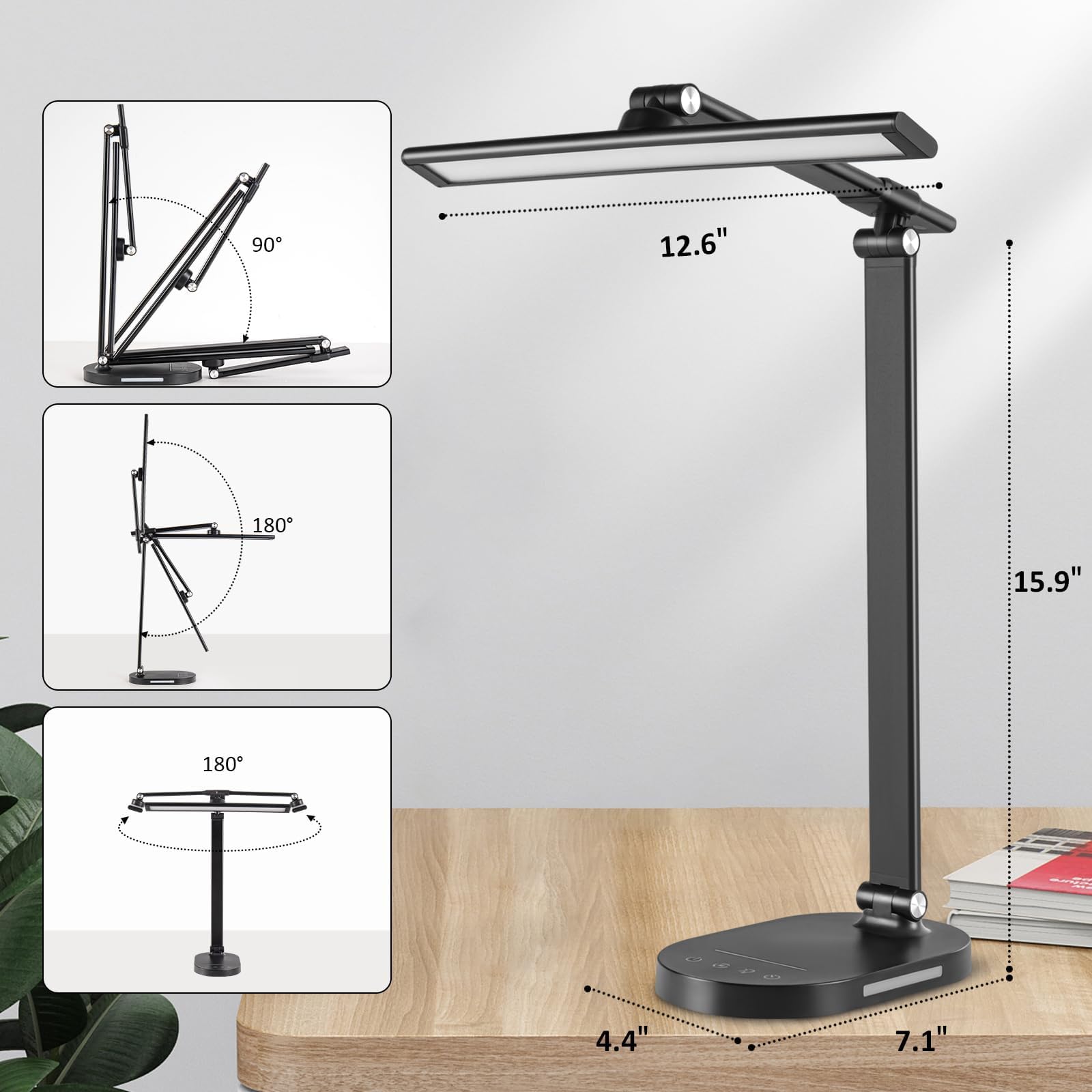 Adjustable LED Desk Lamp with 5-Level Dimmable Brightness (3000-6500K) - Foldable Touch Control Office Reading Lamp for Study, Bedroom & Workspace - Black