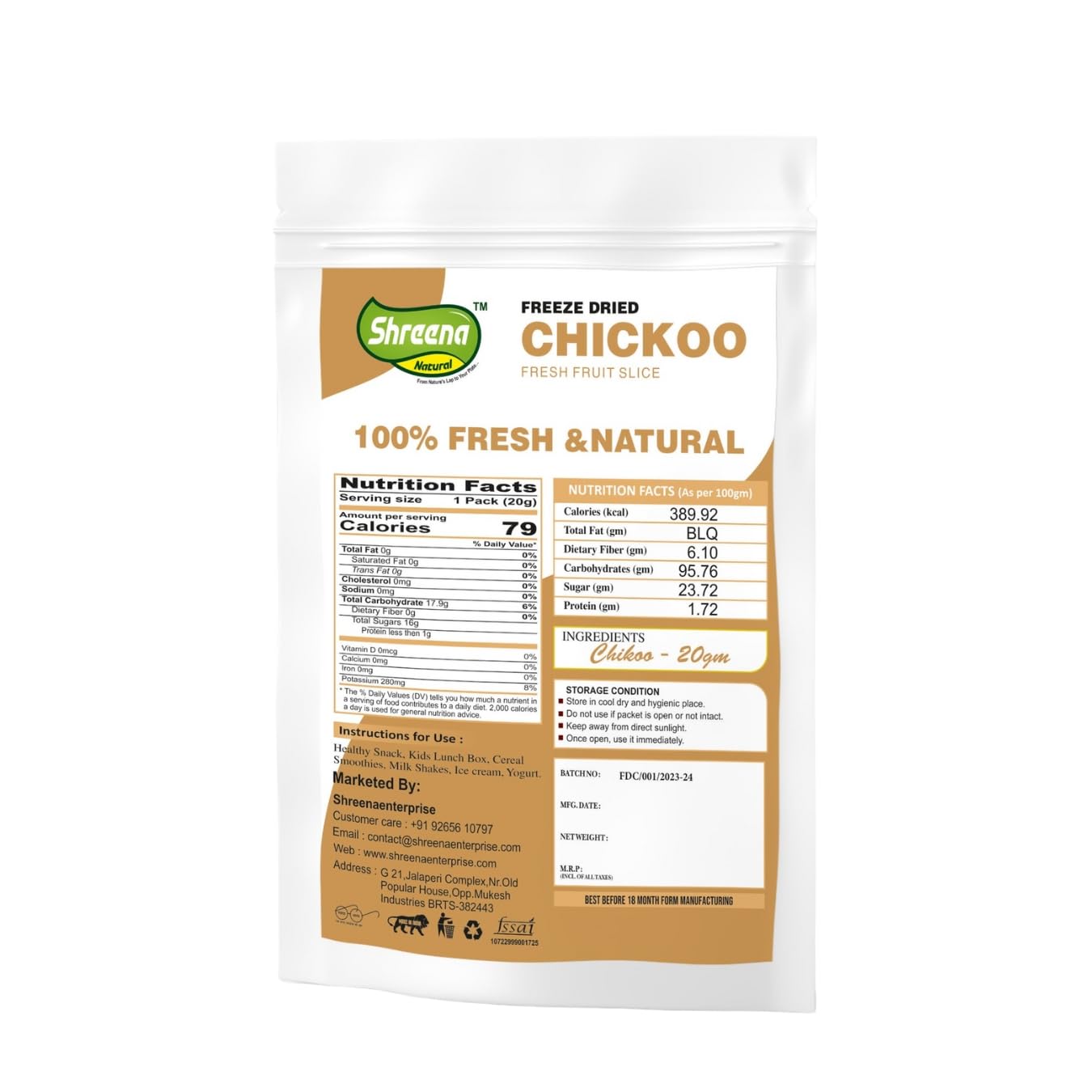 Freeze Dried Chikoo Snacks - 100% Natural, Vegan, No Preservatives or Added Sugar - Healthy Fruit Snack for Kids & Adults - Perfect for Lunchboxes, Hiking & On-the-Go (20g, Pack of 1)