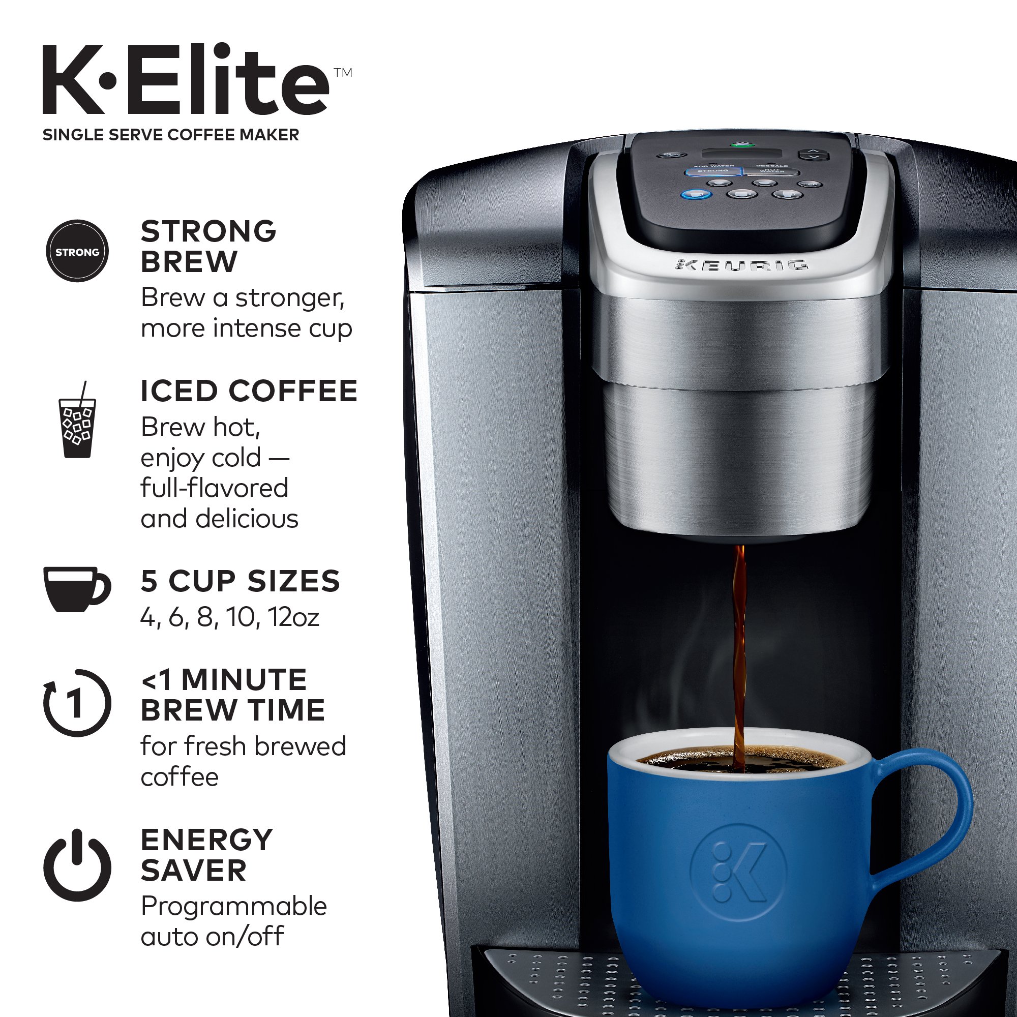Keurig K-Elite Single Serve Coffee Maker with Iced Coffee Function - Includes 3-Month Maintenance Kit (Descaling Solution, Water Filters, Rinse Pods) - Perfect for Home, Office & Entertaining Guests