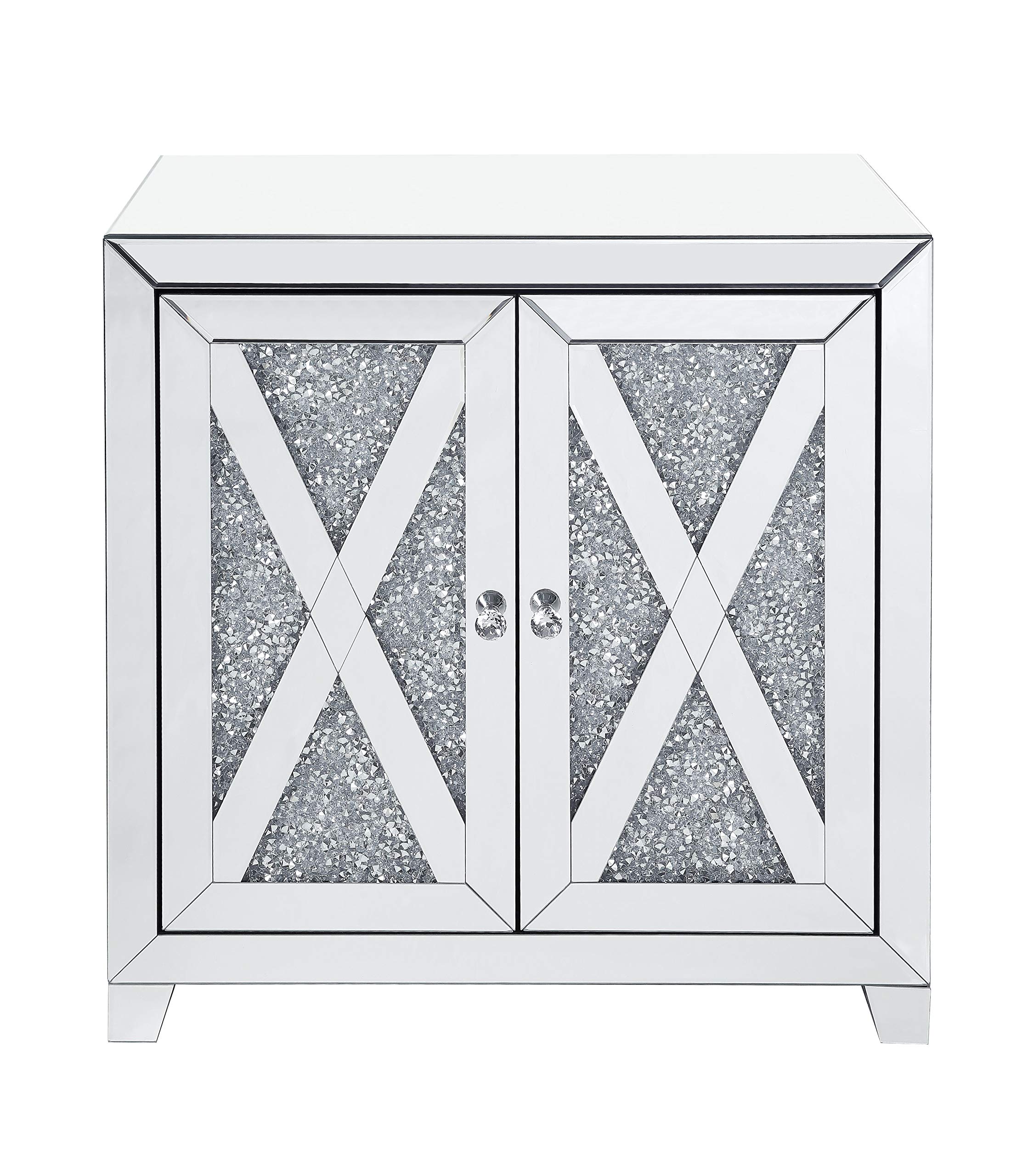 Benjara Silver Storage Cabinet with Mirror Trim & X-Shape Design - Perfect for Bedroom, Bathroom, or Entryway Organization