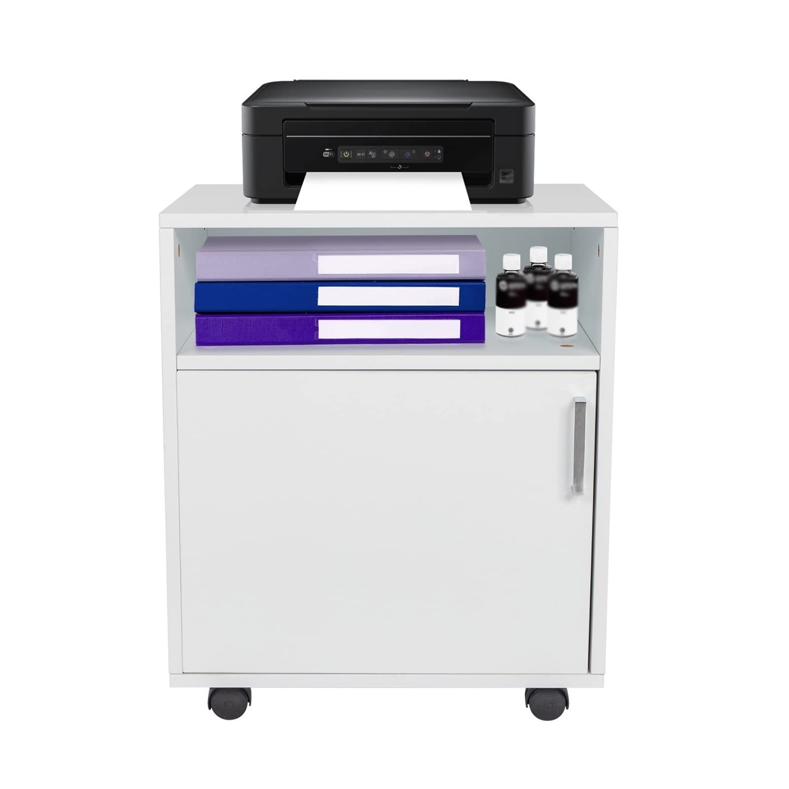 TOMYEUS 3-Layer Mobile Printer Stand with Wheels - Adjustable Wooden Filing Cabinet & Storage Organizer for Office, Home, or Studio Workspace - Perfect for Printer, Scanner, and Office Supplies Organization