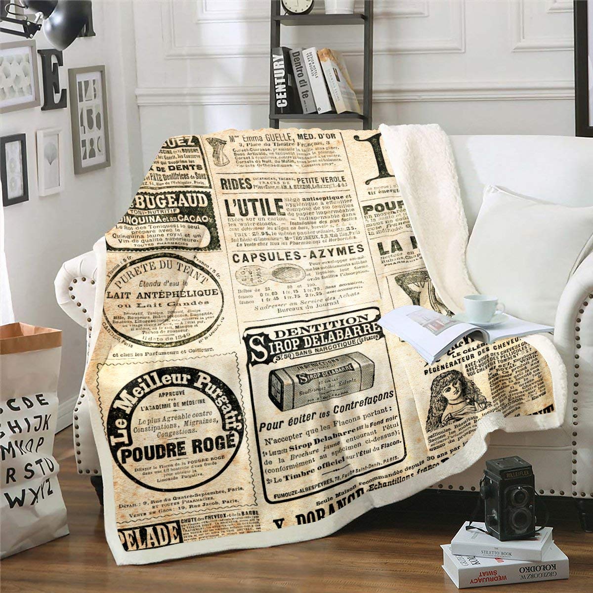 Vintage Newspaper Print Fleece Throw Blanket for Kids, Teens & Adults - Antique Sherpa Plush Bed Blanket with Retro Magazine Design - Queen Size Cozy Blanket for Nursery, Bedroom & Living Room - Perfect for Reading Nook, Movie Nights & Winter Warmth
