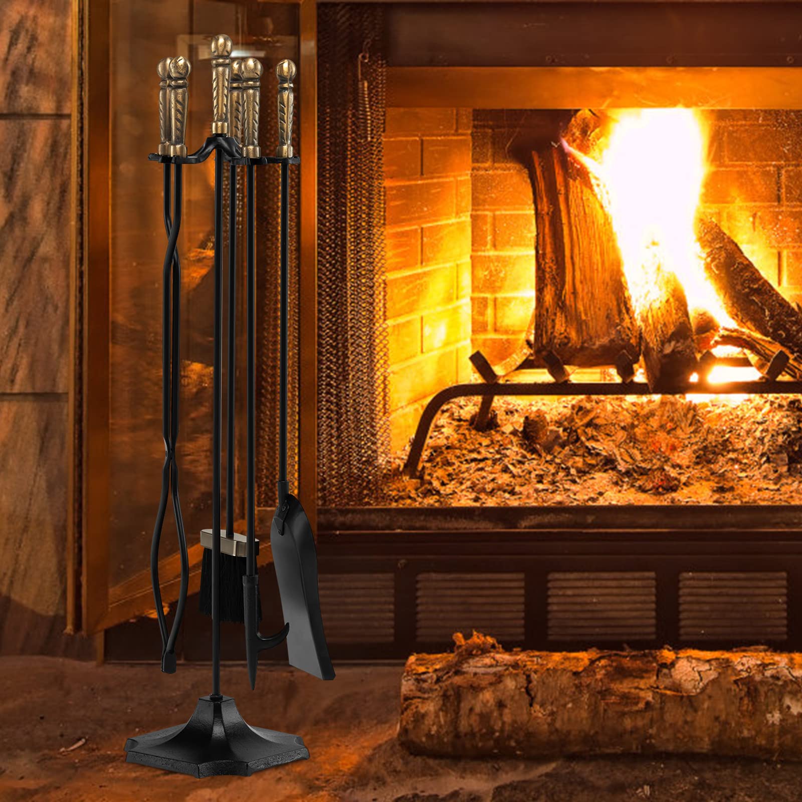 IRONMAX 5-Piece Fireplace Tools Set - Heavy Duty Wrought Iron Fire Pit Accessories with Brush, Shovel, Poker & Tongs - Indoor/Outdoor Fireplace Tool Set for Wood Stove, Fireplace & Campfire Use