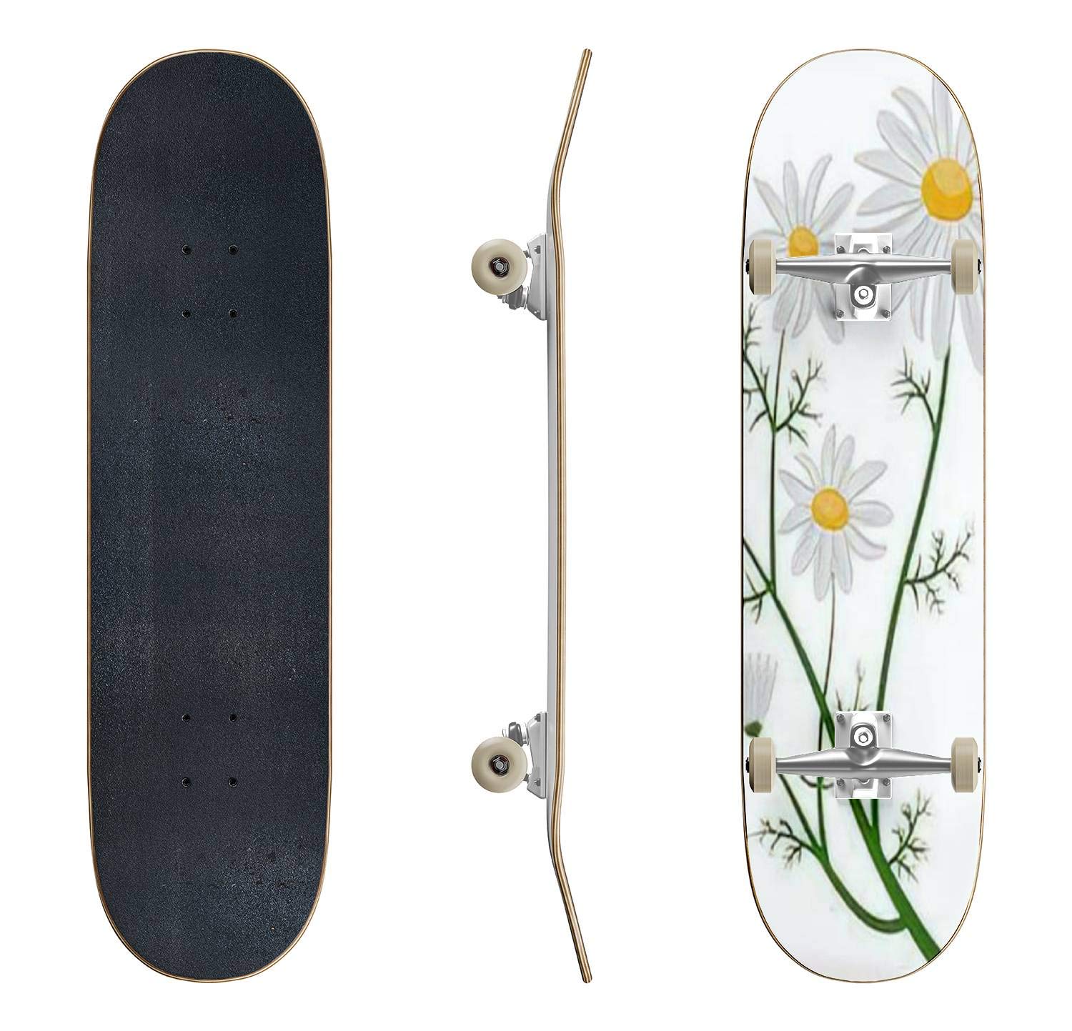 Trendy Abstract Floral Skateboard with Chamomile Design - Hand Drawn Classic Concave Deck for Beginners & Professionals | Perfect for Street Skating, Park Tricks & Teen Gifts | Durable Longboard for Extreme Sports & Commuting