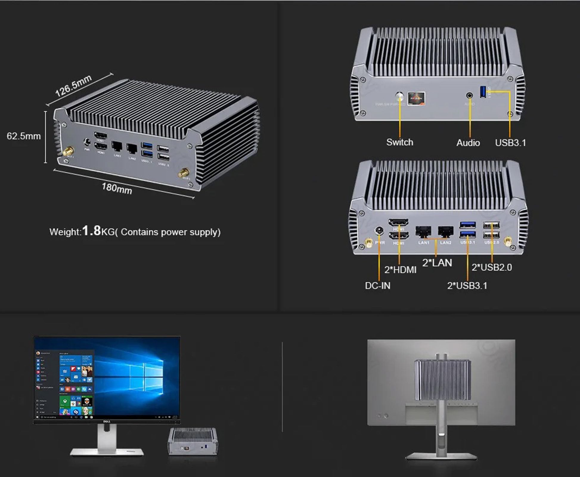 Tuofudun Mini PC Fanless Ryzen 5 4500U Barebone Desktop Computer - 4K Dual HD, Windows 11/10 Pro, WiFi 6, Bluetooth 5.2 - Perfect for Home Theater, Office Work & Light Gaming